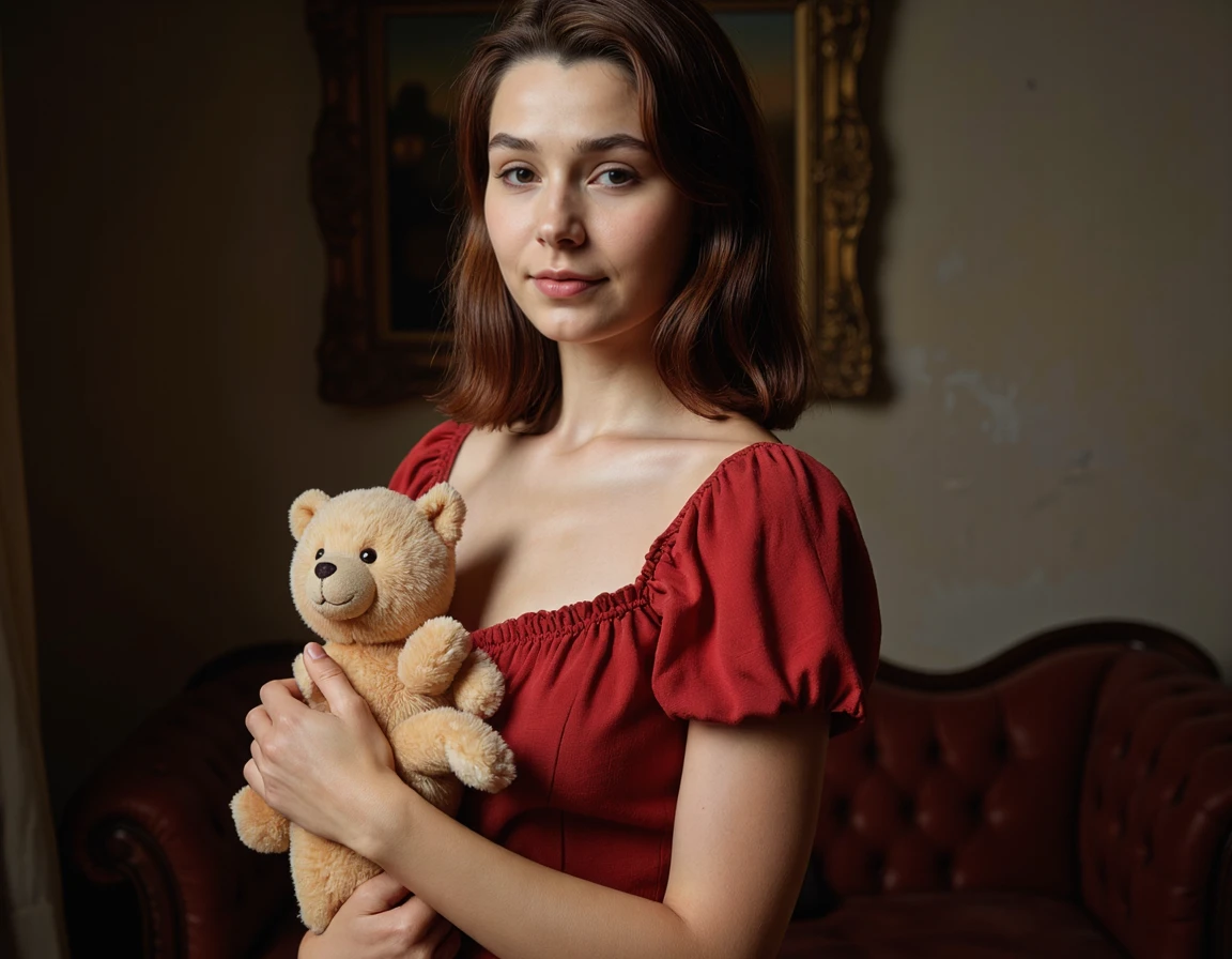 Renoir style Rembrandt style UHD, 8K, ultra detailed, a cinematic photograph of cinematic portrait of high angle, <lora:tasha:1>, (well dressed:1.8) woman, <lora:Soviet_Era_AHS:0.5>, Soviet_Era_AHS, <lora:OBä¸­ä¸çºªæ²¹ç»v1.1:0.5>, oil painting, <lora:NormanRockwellFlux:0.5>, holding_stuffed_animal, mid body portrait. 85mm lens, f/1.8, dramatic side lighting, moody atmosphere, beautiful lighting, great composition . Baroque, chiaroscuro, realistic, emotional, "flat lighting . Impressionist, vibrant, lively, warm, "dull