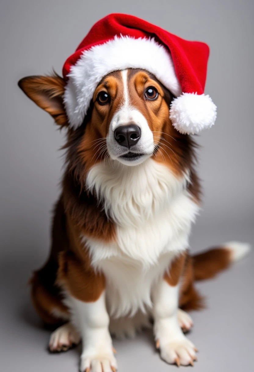 An adorable border collie dog Wearing a Santa Hat, studio photography, christmas theme