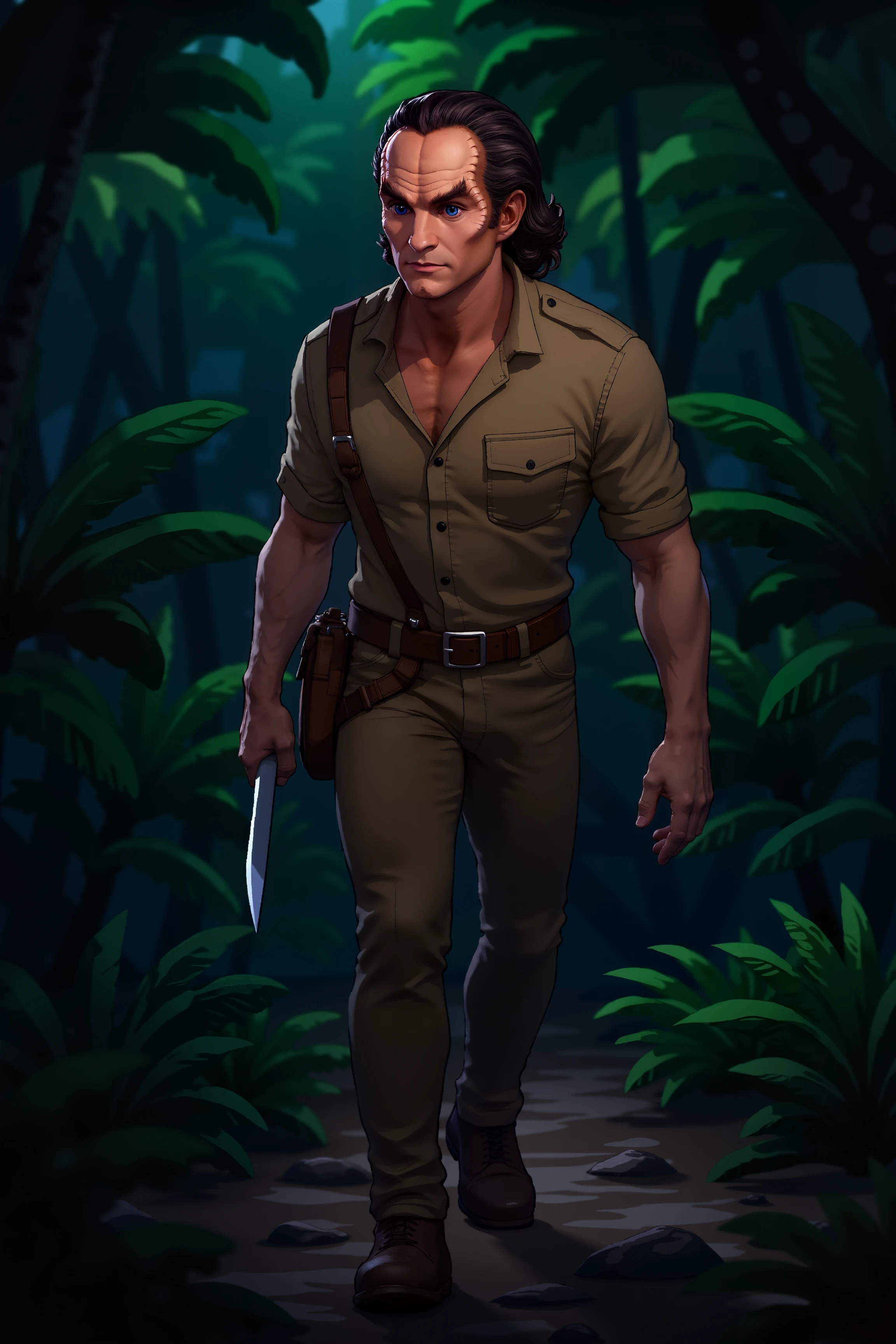 a cartoon illustration of a denobulan man with thin ridged face and deep blue eyes walking in the jungle with a machete dressed as an explorer. Fantastic lighting. Detailed shadows.intricate details, vivid colors, hyper-detailed, ultra-sharp<lora:denobulan_FLUX><lora:Videogame_Cartoon_Flux>