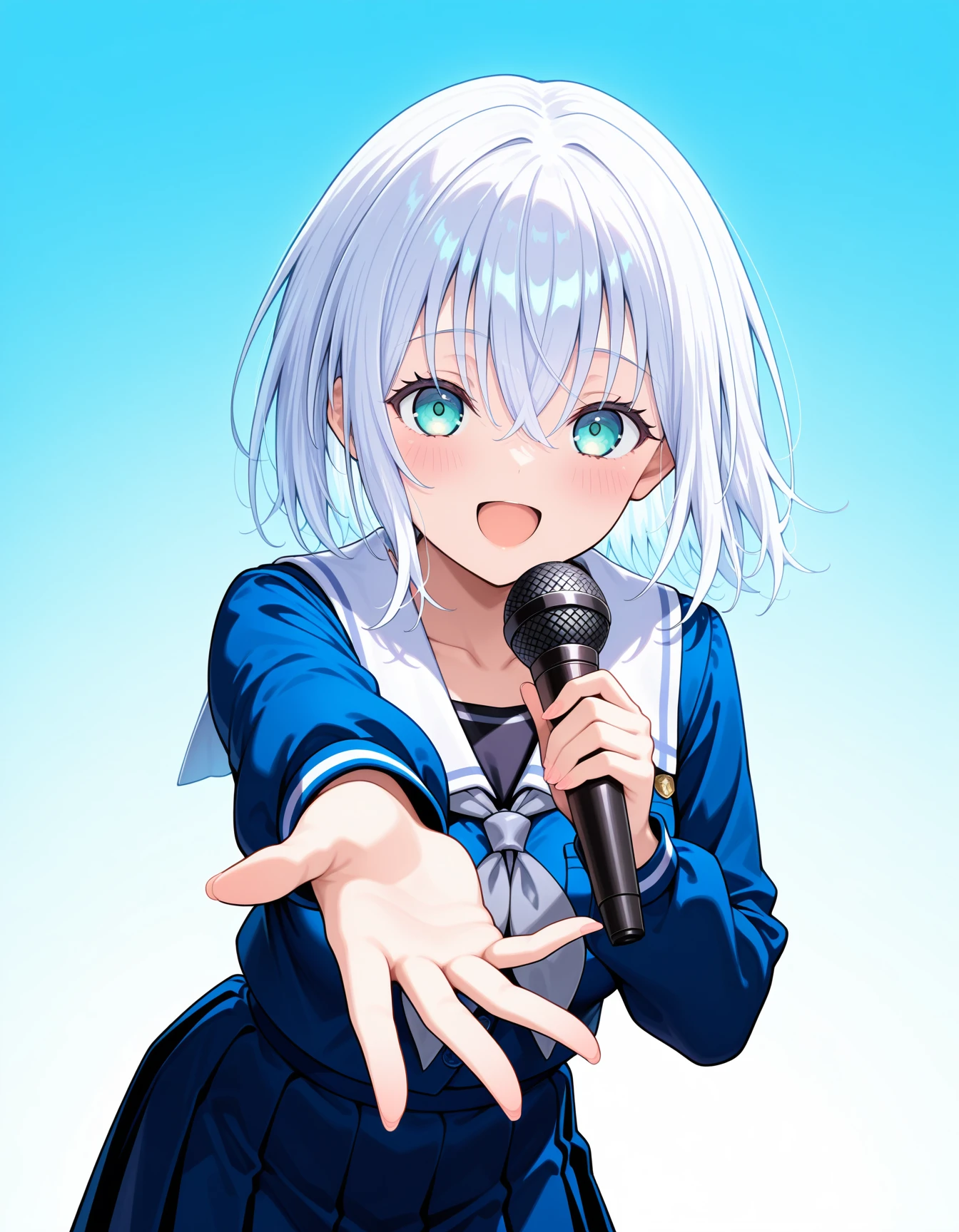 <lora:Morfonica_noobXL:1>, kurata mashiro, 1girl, solo, tsukinomori school uniform, smile, school uniform, pleated skirt, open mouth, :d, shirt, long sleeves, white sailor collar, blue skirt, reaching towards viewer, holding microphone, blue serafuku, blue shirt, looking at viewer, collarbone, blush, standing, grey neckerchief, gradient background, singing, breasts, very awa, masterpiece, best quality, highres, absurdres, newest,