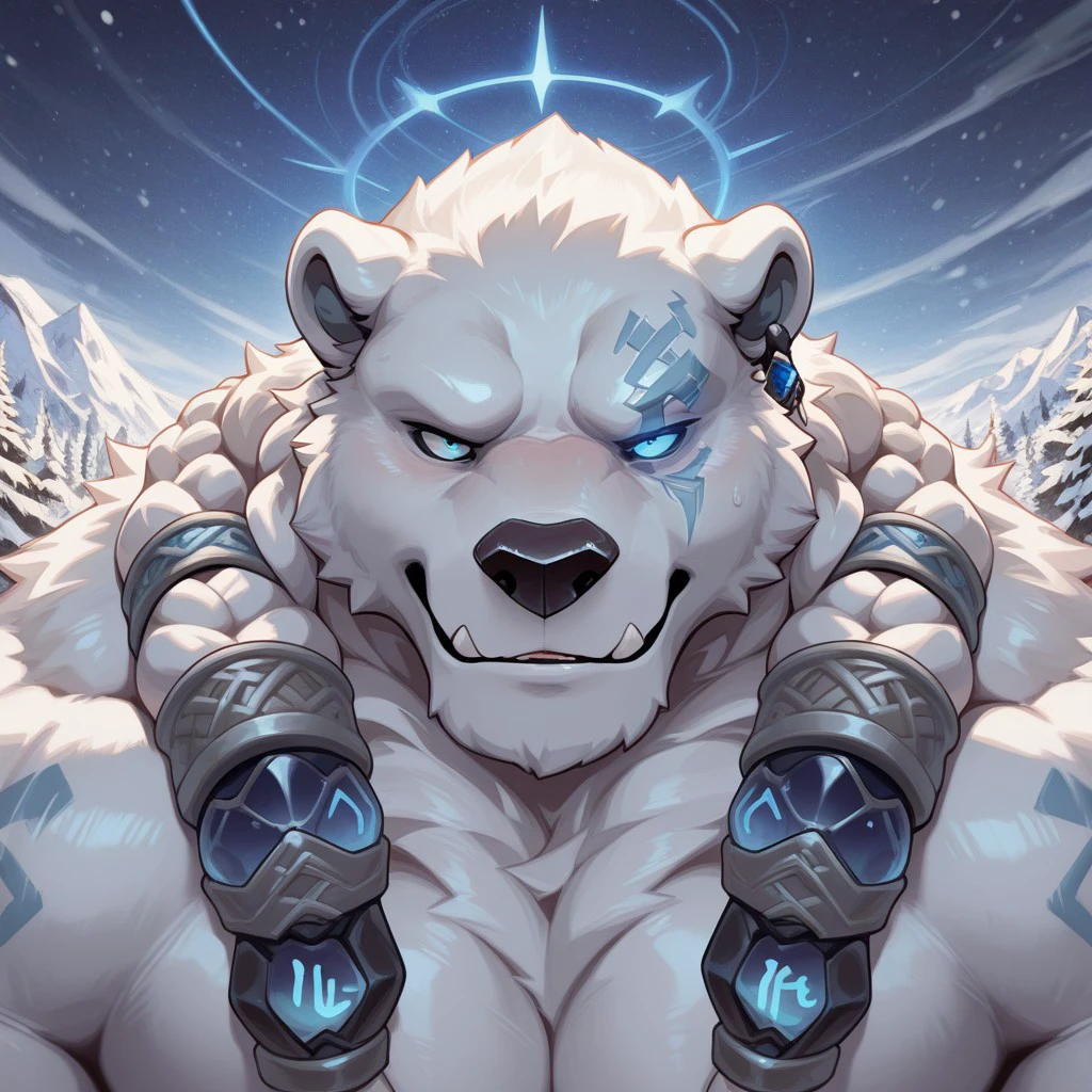 masterpiece, best quality, amazing quality, solo, 1boy, null-ghost, Volibear, bara, braids, blue eyes, close up, 