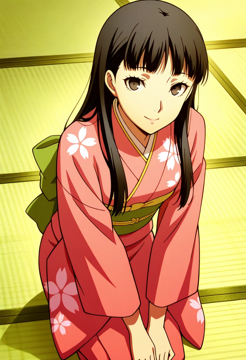 score_9, score_8_up, score_7_up, (source_anime), 1 girl, solo, nsfw, cute face,
Amagi Yukiko, japanese clothes, pink kimono, floral print, green sash, obi,
eye contact, looking at viewer, smile, v arms, bowing, 
indoor, tatami,
masterpiece, best quality, ultra detailed, absurdres, very aesthetic