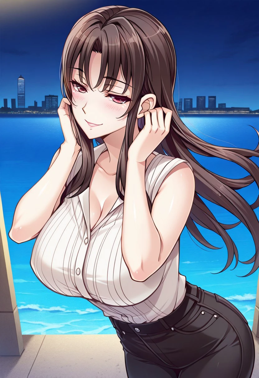 masterpiece, best quality, newest, highres, uncensored, 1girl, yokota mamoru style,1girl, slender face，motion lines,torogao,looking at the viewer,seductive smile,blush
Hanabishi Yurina,Brown Hair, Hair Parted in Middle, Sidehair, Waist Length Hair,Long Hair,Garnet Eyes,Big Breasts, Slim
Hong Kong, Victoria Harbour, high-rise buildings, seaside, distant view, sea breeze, wearing business clothes, jeans, smiling, floating hair, hands in the ear, touching hair, night