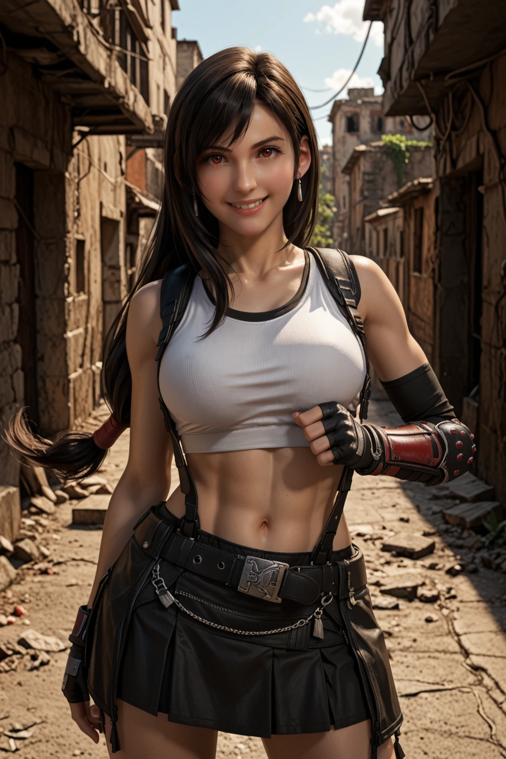 score_9, score_8_up, score_7_up, masterpiece, high quality, BREAK
 <lora:Tifa LockhartPonyLora:1>tfalckhrt, OG, long hair, straight hair, low-tied long hair, swept bangs, dangle earrings, tank top, Sports bra, suspenders, bare shoulders, single arm guards, single elbow pads, elbow gloves, black fingerless gloves, belt, midriff, suspender skirt, smile, fighting pose, karate pose, ruins, desert, alley,