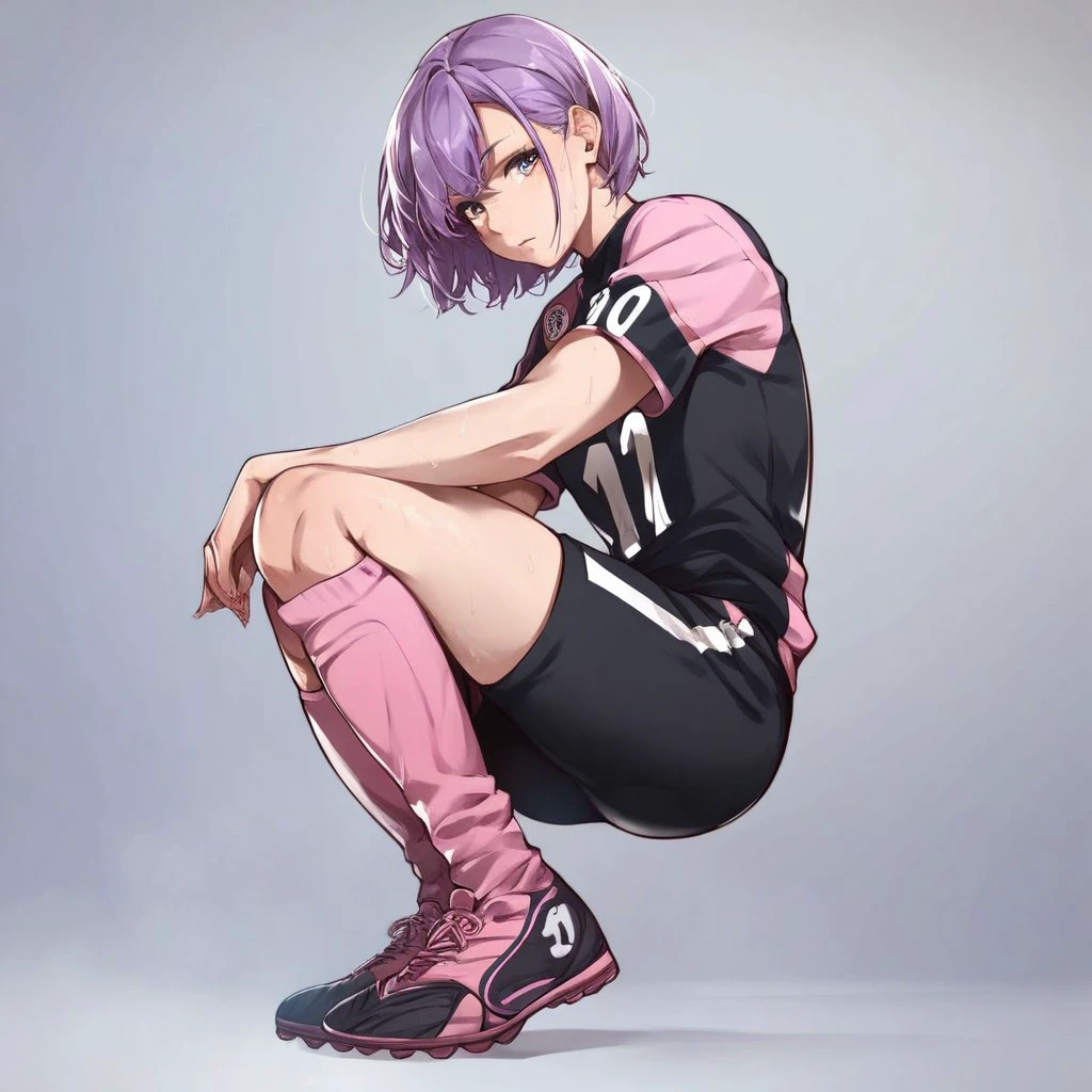 score_9, score_8_up, score_7_up, score_6_up, score_5_up, score_4_up, 1girl, purple hair, pink soccer jersey, black soccer shorts, pink knee socks, shin guards under socks, cleats