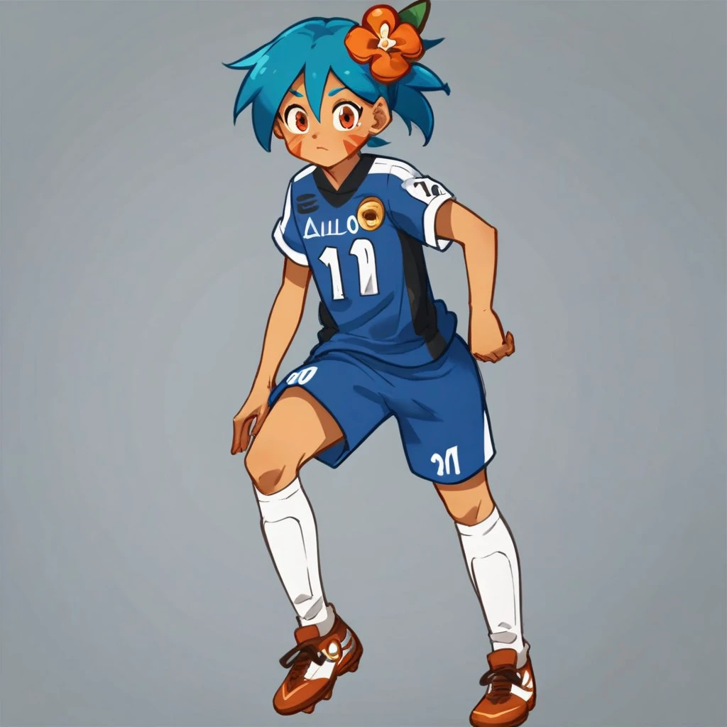 score_9, score_8_up, score_7_up, score_6_up, score_5_up, score_4_up, tiger lily, red eyes, blue hair, red face paint, flower, soccer jersey, soccer shorts, socks, shin guards under socks, cleats