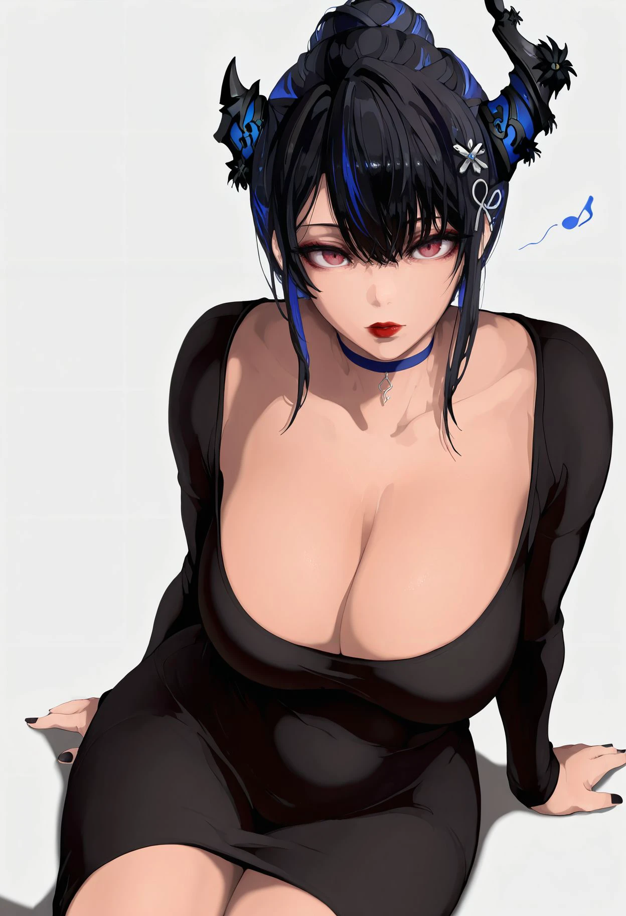 masterpiece,best quality,amazing quality,<lora:mamimi_mamamimi_style_illustrious_goofy:1> mamimi  style, nerissa ravencroft, 1girl, asymmetrical horns, black dress, black hair, black horns, black nails, blue choker, blue hair, breasts, choker, cleavage, collarbone, dongtan dress, dress, expressionless, hair between eyes, hair bun, hair ornament, hairclip, horns, large breasts, lipgloss, long sleeves, looking at viewer, meme attire, multicolored hair, musical note, nail polish, red eyes, red lips, short hair, sidelocks, simple background, single hair bun, sitting, solo, streaked hair, taut clothes, taut dress, thighs, uneven horns, virtual youtuber, white background