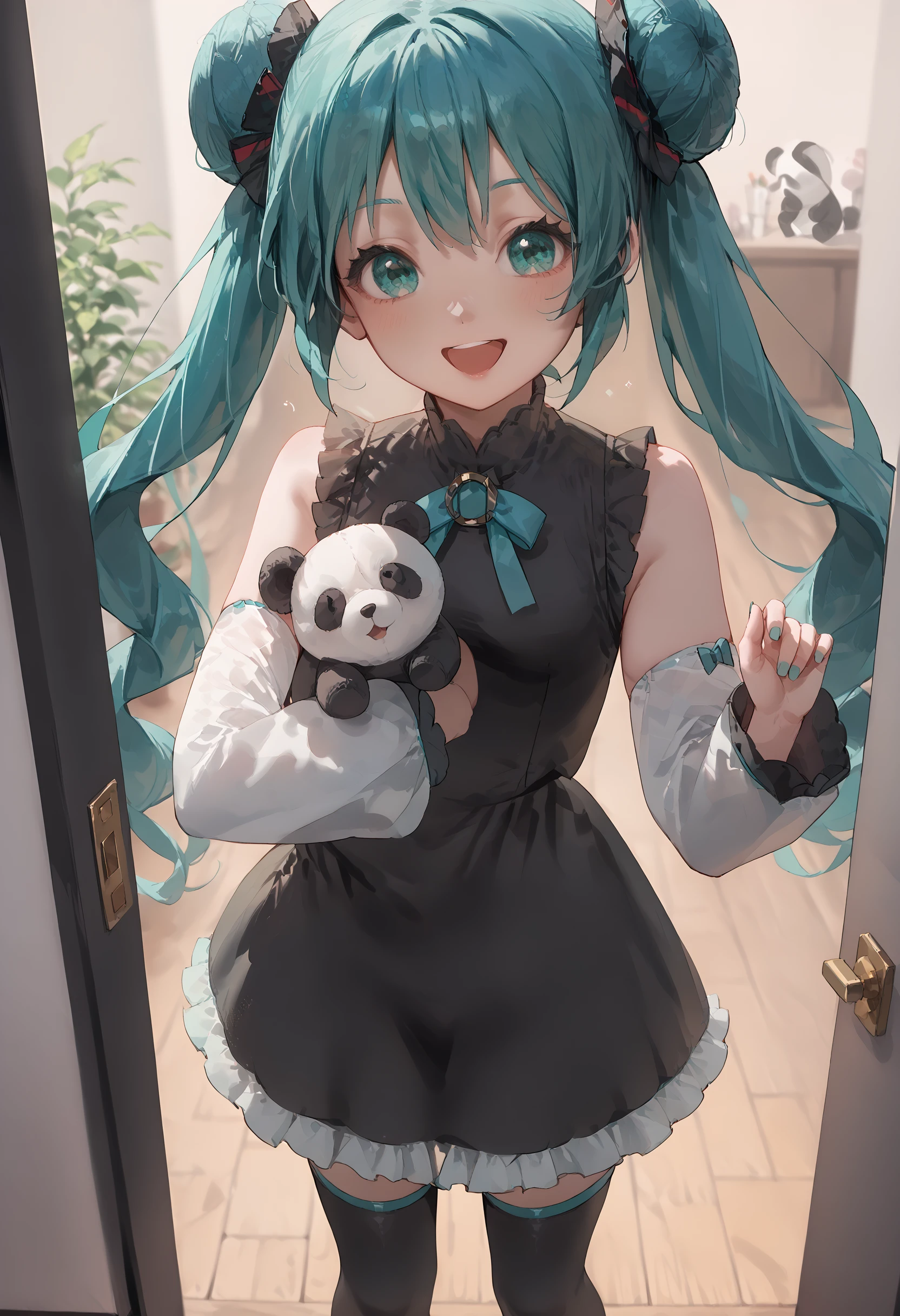 score_9, score_8_up, score_7_up, extremely detail face, 1girl, solo, hatsune miku, aqua eyes, aqua hair, twintails, hair buns, twin braids, blue bow, white sleeves, black dress, frill, frill sleeves, black thighhighs, open mouth, smile, standing, hugging, panda, stuffed panda, pov doorway  <lora:princess_xl_v2:0.6> <lora:Smooth Anime 2 Style SDXL_LoRA_Pony Diffusion V6 XL:0.7> <lora:POV_Doorway_Girl_waiting_at_door:1> <lora:hugging_panda:1>