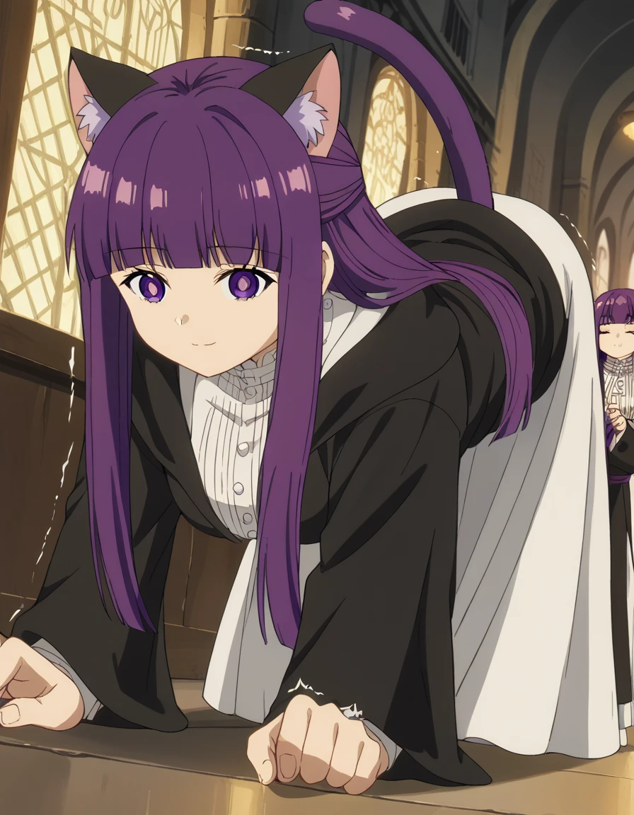 score_9, score_8_up, score_7_up, source_anime, <lora:fern-s1-v2-ponyxl-lora-nochekaiser:1>, fern, long hair, bangs, purple eyes, purple hair, sidelocks, blunt bangs, bright pupils, half updo, large breasts, anime screencap, long sleeves, dress, white dress, long dress, robe, black robe,, Buildings, architecture, man made, urban, interior, smile, <lora:cat-stretch-ponyxl-lora-nochekaiser:1> cat stretch, stretching, top-down bottom-up, all fours, arched back, closed eyes, cat tail, animal ears, tail ears, trembling,, looking at viewer, solo,, dutch angle, cowboy shot