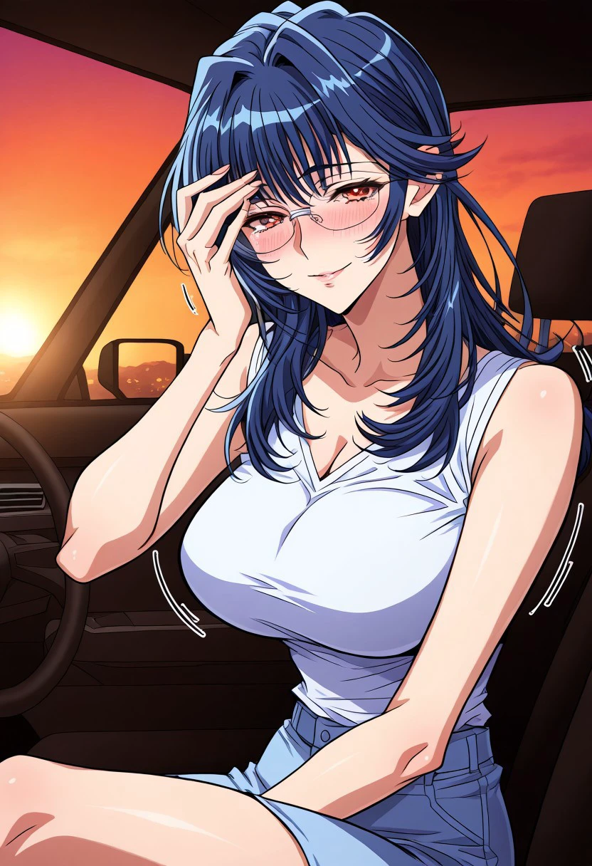 masterpiece, best quality, newest, highres, uncensored, 1girl, yokota mamoru style,1girl, slender face，motion lines,torogao,looking at the viewer,seductive smile,blush
Takeda Yukie,Blue Hair,Long Hair,Big Breasts,Amber Eyes,Slim,Slender Face,
At sunset, sitting in the car, covering my face with my hands, shy and glasses，1girl，solo,Takeda Yukie,Blue Hair,Long Hair,Big Breasts,Amber Eyes,Slim,Slender Face