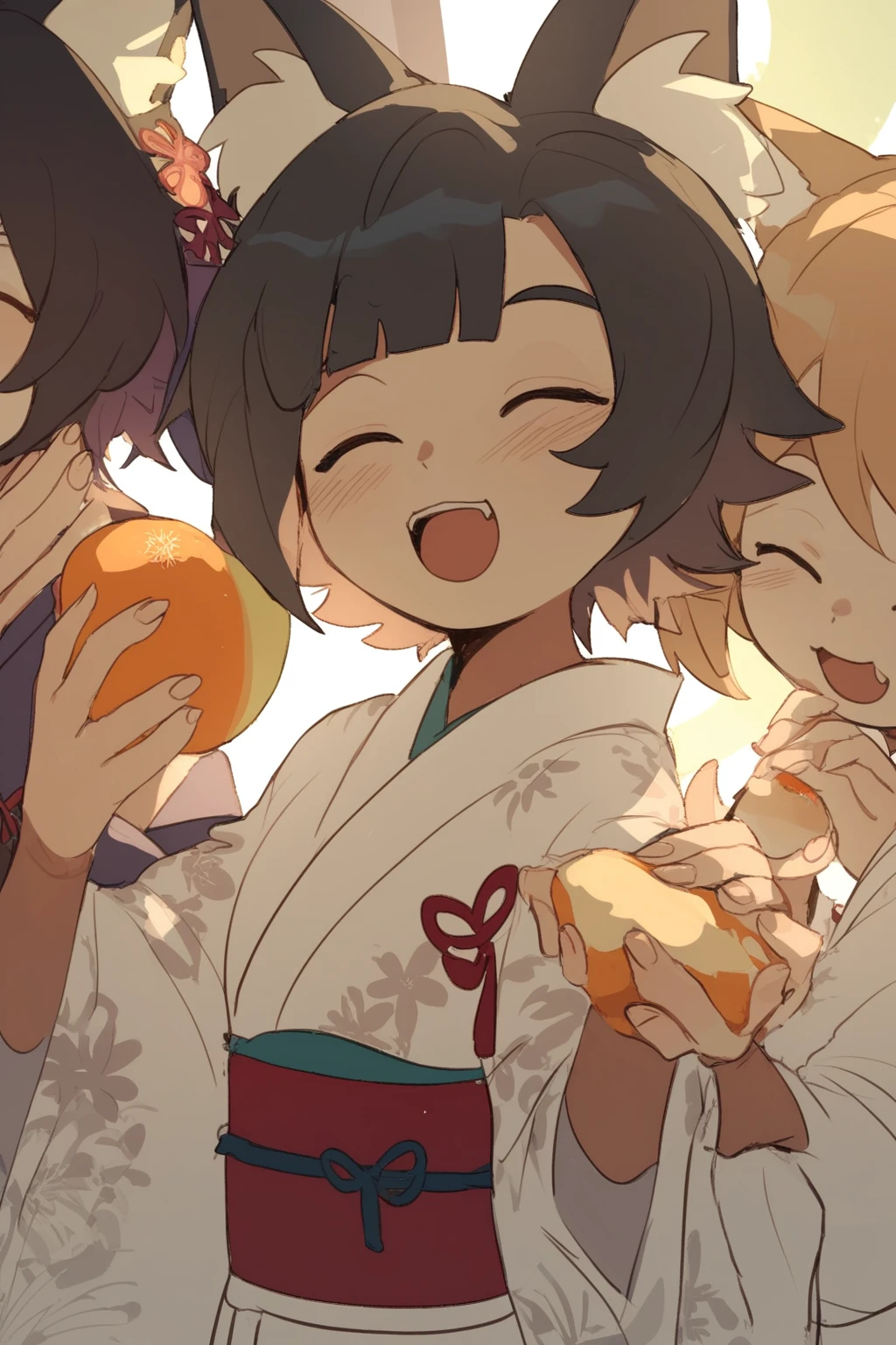 score_9, score_8_up, score_7_up, kurotsukiStyle, natsume eri, hoshimi miyabi, zenless zone zero, 2girls, animal ears, black hair, blunt bangs, blush, child, closed eyes, fingernails, food, fox ears, fox girl, fruit,   hold, holding food, holding fruit, japanese clothes, kimono, mother and daughter, multiple girls, open mouth, out of frame, short hair, sidelocks, smile, solo, solo focus, white kimono