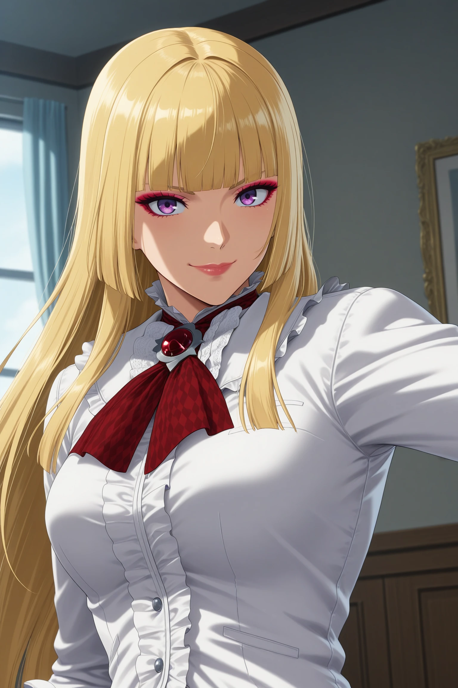 masterpiece, best quality, amazing quality, highres, absurdres, very aesthetic, high resolution, ultra detailed, perfect details, 1girl, solo, indoors, medium breasts, lilit5p2, long hair, hime cut, blonde hair, blunt bangs, purple eyes, makeup, eyeshadow, lips, white jacket, white skirt, frills, frilled jacket, frilled skirt, white gloves, fingerless gloves, brooch, red neckerchief, white footwear, knee boots, high heel boots, <lora:Emilie_de_Rochefort_T5P2_ILXL:0.8>, (aged up:1.5), (upper body:1.8), (pose:1.2), smile, looking at viewer, (anime screencap:1.5), (anime coloring:1.5)