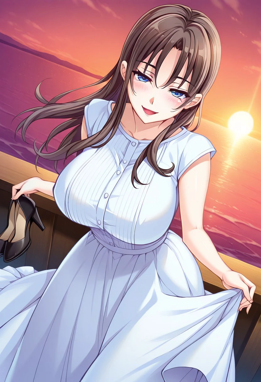 masterpiece, best quality, newest, highres, uncensored, 1girl, yokota mamoru style,1girl, slender face，motion lines,torogao,looking at the viewer,seductive smile,blush
1girl, solo, long hair, blue eyes, sunset, open mouth, smile, dutch angle, breasts, dress, shoes, holding shoes, large breasts, ocean, water, :d, looking at viewer, skirt hold, holding，Hanabishi Yurina,Brown Hair, Hair Parted in Middle, Sidehair, Waist Length Hair,Long Hair,Garnet Eyes,Big Breasts, Slim