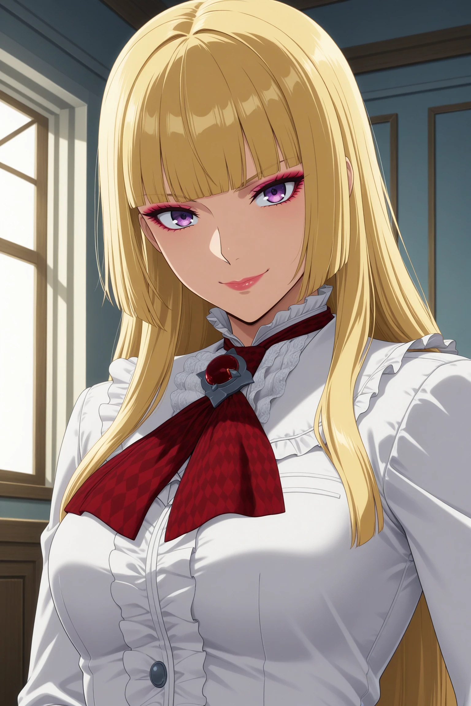 masterpiece, best quality, amazing quality, highres, absurdres, very aesthetic, high resolution, ultra detailed, perfect details, 1girl, solo, indoors, medium breasts, lilit5p2, long hair, hime cut, blonde hair, blunt bangs, purple eyes, makeup, eyeshadow, lips, white jacket, white skirt, frills, frilled jacket, frilled skirt, white gloves, fingerless gloves, brooch, red neckerchief, white footwear, knee boots, high heel boots, <lora:Emilie_de_Rochefort_T5P2_ILXL:0.8>, (aged up:1.5), (upper body:1.8), smile, looking at viewer, (anime screencap:1.5), (anime coloring:1.5)