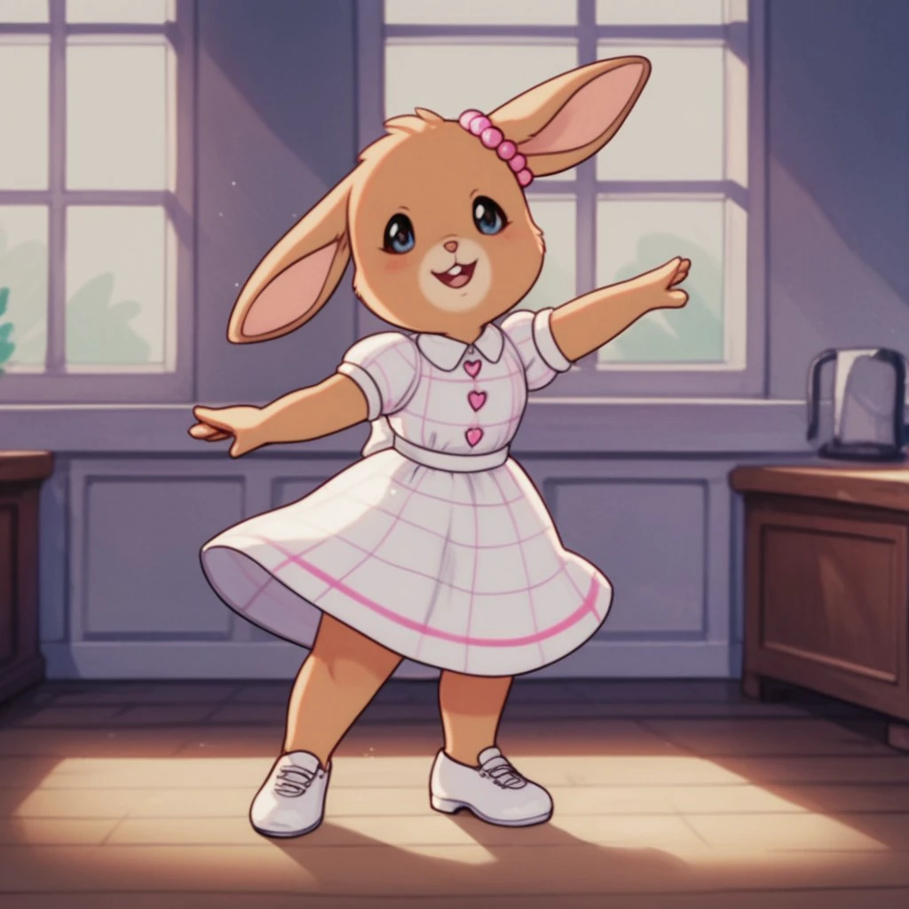 score_9, score_8_up, score_7_up, score_6_up, score_5_up, score_4_up, source_furry, PattyRabbit, anthro, female, rabbit, tan fur, white pinstripe dress, puffy short sleeves, collared dress, white shoes, beaded ear ornament, inside, dancing