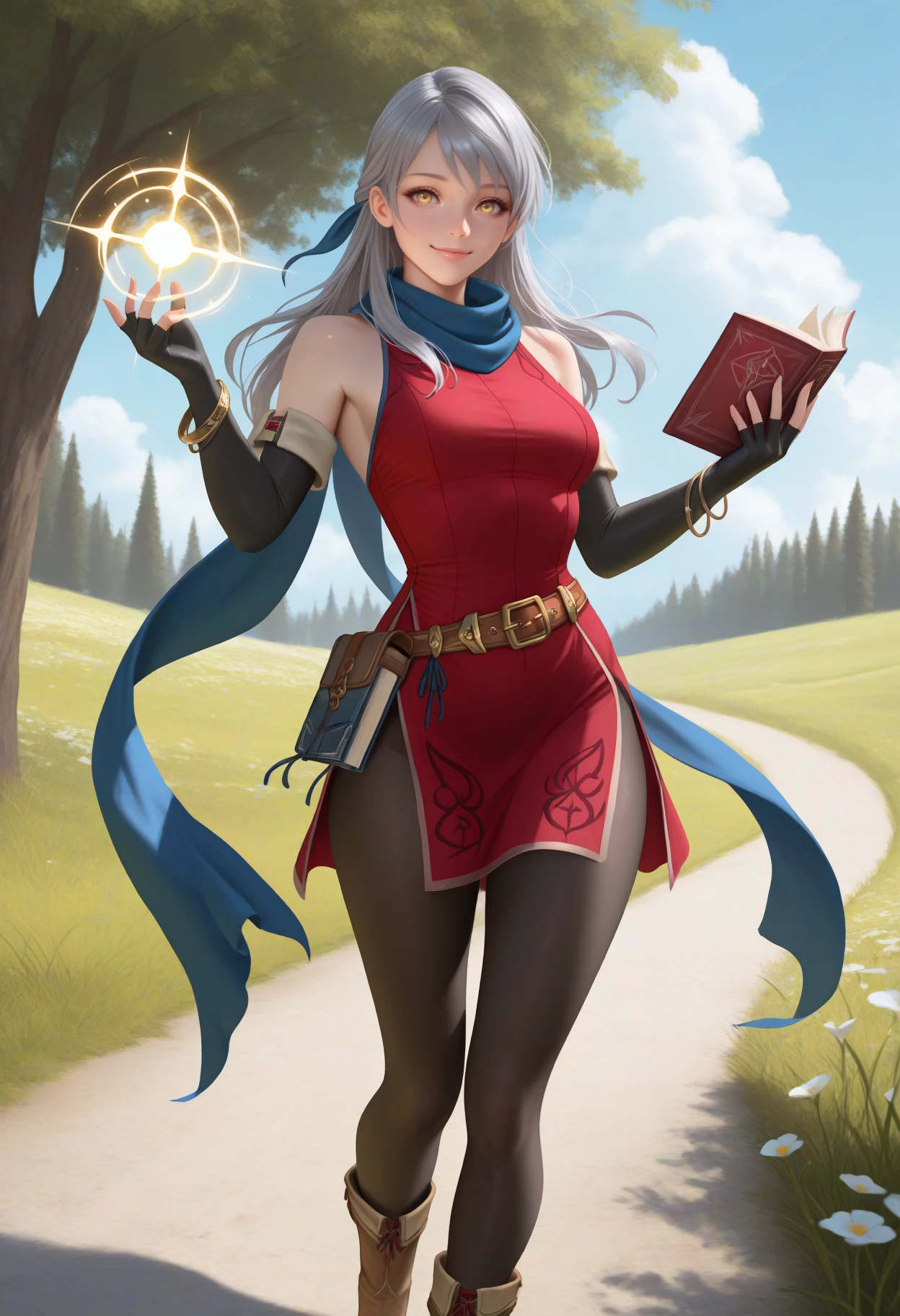 masterpiece, best quality, realistic, solo, 1girl, mchdef, smile, looking at viewer, hand up, casting spell, holding book, long hair, grey hair, half updo, hair ribbon, yellow eyes, red dress, sleeveless dress, side slit, brown belt, black gloves, elbow gloves, fingerless gloves, black pantyhose, boots, blue scarf, bracelet, bangle, bare shoulders, outdoors, blue sky, cloud, grass, path, flower, tree
<segment:yolo-Anzhc Face seg 640 v2 y8n.pt,0.4,0.5//cid=1>