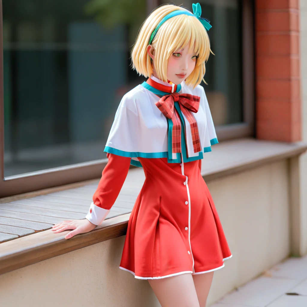 realistic,, masterpiece, best quality, amazing quality, newest, <lora:KanonSeifukuCos:1>,KanonCos,school uniform,skirt,red skirt,long sleeves,capelet,red dress,white capelet,dress,bow,short dress, <lora:alice98ILL:1>,1girl,alice98,blonde_hair,yellow eyes,short hair,blue_hairband,hair_ribbon,