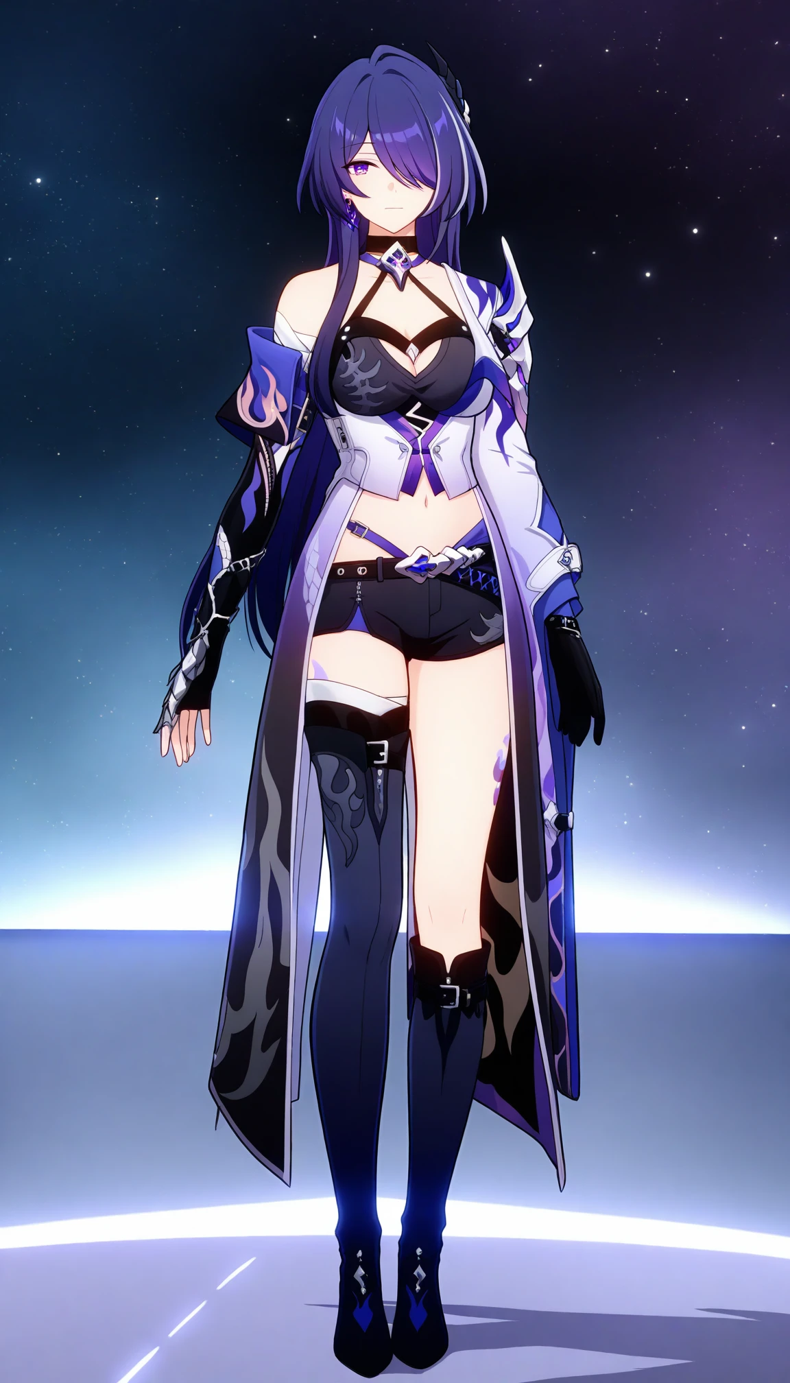 /*ç»å¸ä¸²äººç©*/,
<lora:ãILXLãAcheron-000010:1>,1girl,solo,breasts,cleavage,purple eyes,large breasts,
/*è§è§è¯*/,
full body,
/*åå½±*/,
((light)),(volume lighting),(rim lighting:1.1),(light-rays:1.1),light particle,
/*å¤´é¨*/,
bangs,long hair,purple hair,single earring,
/*å¨ä½*/,
looking at viewer,closed mouth,standing,
/*å¤è§æé¥°*/,
off shoulder,hair ornament,hair over one eye,jewelry,asymmetrical clothes,cloak,bandages,choker,Thigh-High Boots,belt,jacket,long sleeves,navel,elbow gloves,short shorts,knee boots,single thighhigh,tattoo,
/*ç¯å¢èæ¯æè¿°*/,
night sky,sky,star \(sky\),starry sky,
/*è´¨éè¯*/,
masterpiece,ultra detailed,very awa,best quality,absurdres,