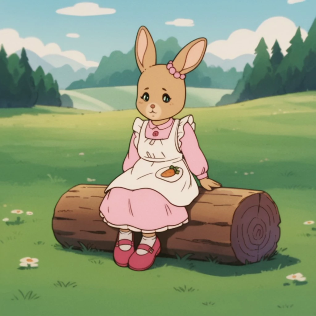 score_9, score_8_up, score_7_up, score_6_up, score_5_up, score_4_up, source_furry, PattyRabbit, anthro, female, rabbit, tan fur, pink dress, white apron, pink shoes, beaded ear ornament, sitting, outside, sitting, on a log, in a field,