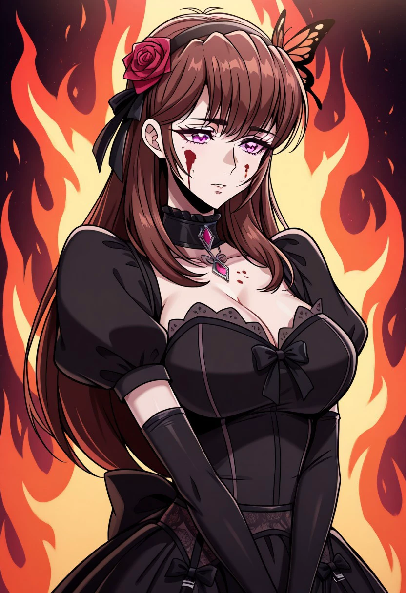 masterpiece, best quality, newest, highres, uncensored, 1girl, yokota mamoru style,1girl, slender face，motion lines,
 Kitazawa Makiko, brown hair, long hair, large breasts, pink eyes,Slim,bang,The long bangs in the middle,Straight bangs
1girl, blood, solo, flower, open eyes,sadness butterfly, long hair, bug, rose, dress, fire, death, hair ornament, blood on face，standing，only upper body
standing，only upper body,black dress, hair ornament, hairband, black gloves, rose, hair flower, elbow gloves, fashion, v arms, gothic fashion, puffy sleeves, bow,Clothing with Ribbons, Collar, Evening Gloves, Garter Belt Stockings, Hair Flowerstanding，only upper body,black dress, hair ornament, hairband, black gloves, rose, hair flower, elbow gloves, fashion, v arms, gothic fashion, puffy sleeves, bow,Clothing with Ribbons, Collar, Evening Gloves, Garter Belt Stockings, Hair Flower