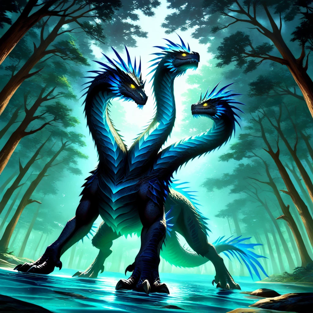 Role-playing game (RPG) style fantasy  <lora:Hydras-xillustrious:1> hydrax , anime artwork, ultra detailed textures, masterpiece, ultra defined colors, 8k, cinematic, hydra creature, multiple heads, brontosaurus-like body, four legged creature, heads connected to shoulders, multi-headed serpentine dragon beast, dark moss-covered scales, glowing yellow eyes, ancient swamp, twisted trees, bioluminescent fungi, murky water, soft mist, twilight lighting, cool green and blue tones, low-angle shot, dynamic reflections in water, eerie fantasy atmosphere
 . Detailed, vibrant, immersive, reminiscent of high fantasy RPG games