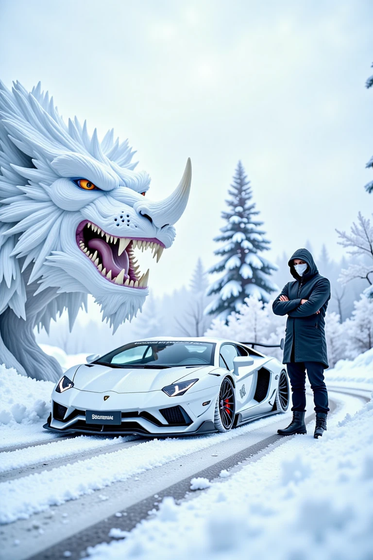 In a whimsical winter wonderland scene, a sleek Lamborghini Aventador SVJ is transformed into a majestic beast, its gleaming carbon fiber body covered in intricate snow-crystal formations. The camera frames the vehicle from a low angle, emphasizing its powerful stance amidst a backdrop of frosted trees and a pale blue sky. D2j3m0x, an enigmatic figure, stands beside the vehicle, arms crossed, as if guarding this fantastical zoological wonderland.