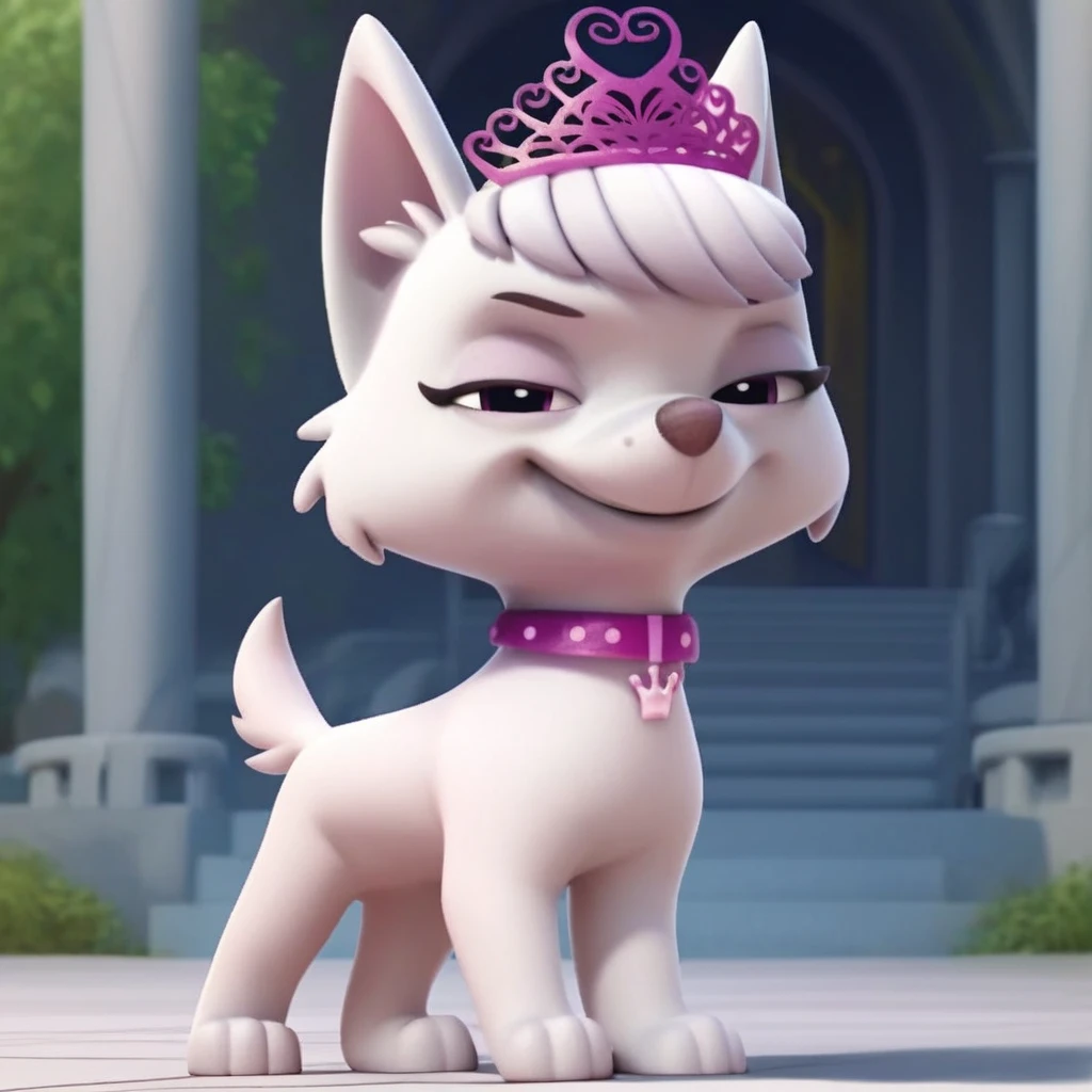 score_9, score_8_up, score_8, score_7, source_cartoon, Sweetie(pp), solo, 1girl, feral, dog, dog girl, West Highland White Terrier, white fur, bangs, pointed ears, short tail, pink eyes, small body, pink collar, crown shaped tag, pink tiara, full body, looking at viewer, standing, smile, eyes half closed, smug expression, outdoors, castle setting,