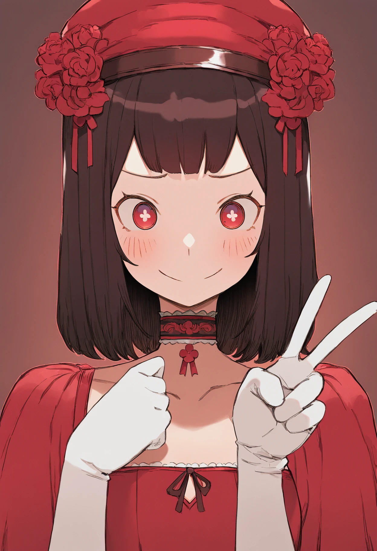 masterpiece, best quality, newest, absurdres, highres, 1girl, solo, smile, hat, gloves, red eyes, dress, red dress, choker, symbol-shaped pupils, white gloves, upper body, brown hair, black hair, flower, medium hair, v, blush, closed mouth, red flower
<lora:andrewcockroach_ill:1>