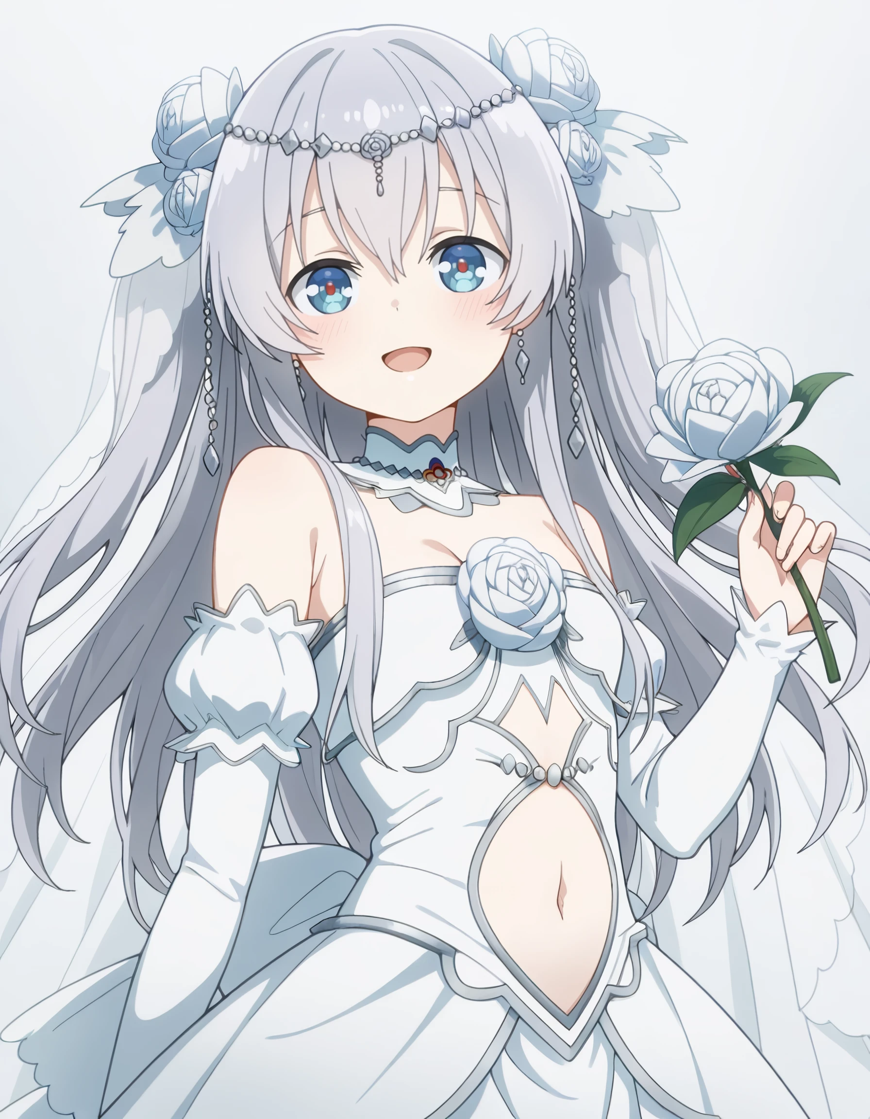 masterpiece, best quality, amazing quality, celiabridal, long_hair, grey_hair, white_hair, two_side_up, twintails, blue_eyes, bridal_veil, bare_shoulders, detached_collar, detached_sleeves, hair_flower, hair_ornament, wedding_dress, white_rose, white_footwear, by_gdd_(vkejr702), breasts, collar, looking_at_viewer, white_collar, tacet_mark_wuthering_waves, solo, open_mouth, camellia, small_breasts, white_background, simple_background, smile, black_flower, light_blush, flower_on_chest, earrings, 1girl, jewelry, cowboy_shot, holding_flower, short_twintails, :d, clothing_cutout, gold_earrings, navel, flower, twintails, holding, blake_bloom_wuthering_waves, red_pupils, stomach_cutout, gingham <lora:seirei_gensouki_-_celia_claire_il:1>