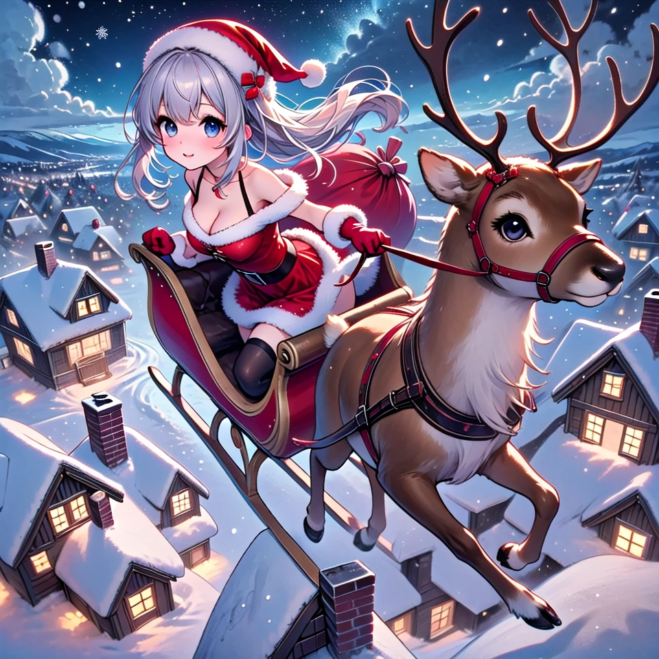 (((aerial view))), ((riding reindeer sleigh flying in the sky)), solo, 1girl, floating hair, fur trim, red dress, santa hat, santa costume, cleavage, breasts, thighhighs, gloves, reins, bell, wind, night, snowing, horizon, skyline, cityscape, christmas, night sky, chimney rooftop, nordic architecture, <lora:girllikereindeersleigh:0.8>