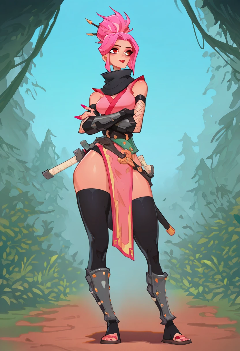 <lora:Mobile_Game_Collection_-_Mad_Tale_Style:1> madtalestyle, woman, fantasy settings, masterpiece, best quality, newest, absurdres, highres, rpg hero, <lora:Ninja_girl_kunoichi_for_Pony:0.9> ninja, 1girl, red eyes, Neon pink hair