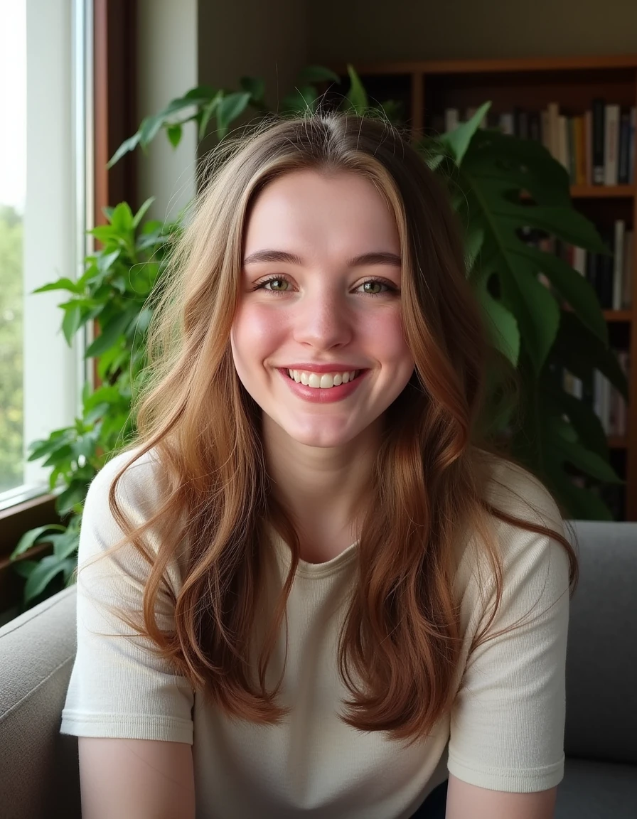 A close-up portrait of 3L41R1D4 sitting by her window, with soft natural light gently illuminating her face and creating subtle shadows. She has a relaxed, genuine smile, and her slightly tousled hair adds to her natural charm. She is dressed in casual clothes. The background reveals a cozy room with bookshelves and lush green plants, enhancing the warmth and comfort of the scene.