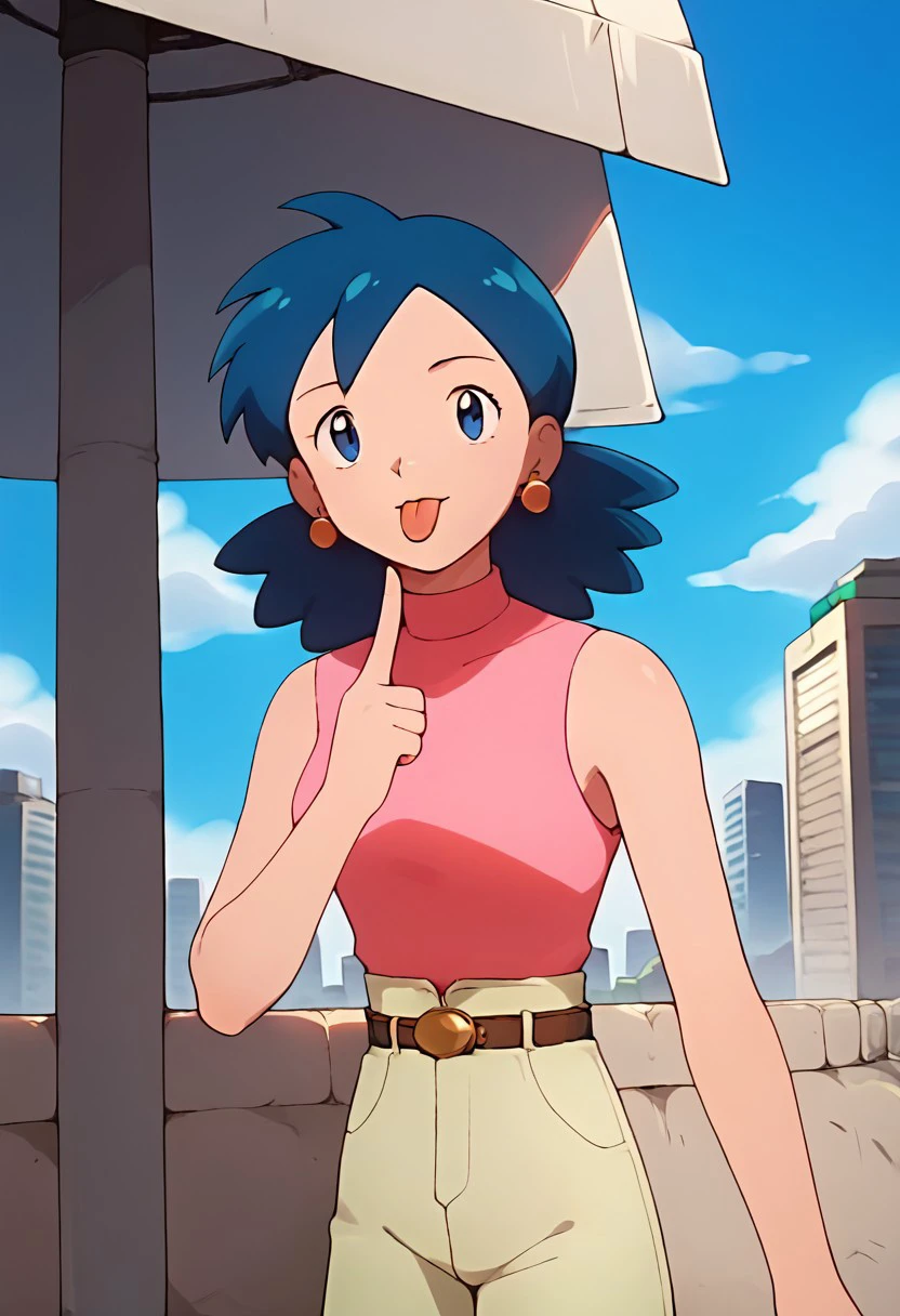 score_9, score_8_up, score_7_up
PKMNReportOI, 1girl, blue hair, medium hair, long hair, bangs, blue eyes, earrings, pink sleeveless shirt, belt, greyish yellow pants,
BREAK, standing, playful, silly, tongue, tongue_out, looking at viewer, upper body, dutch angle, cowboy shot, (eyelid pull:1.2), finger to eyelid, closed mouth, solo, front view
cityscape, city, blue sky, clouds, day, sun's ray, sunlight, sun, lamp posts, streets, buildings