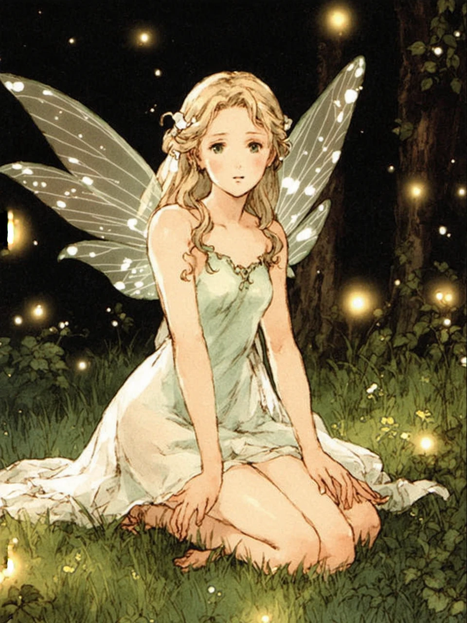 art by akihiko yoshida, A detailed a fairy girl with delicate, transparent wings sitting gracefully on the ground. She has long, wavy hair, and her ethereal beauty is highlighted by soft, glowing light. The background features a magical forest with twinkling lights and foliage. The fairy wears a shimmering, semi-transparent dress, creating a mystical and enchanting atmosphere. The overall scene is serene and otherworldly, capturing the enchanting essence of a fairy in a magical forest, It is a watercolor illustration.