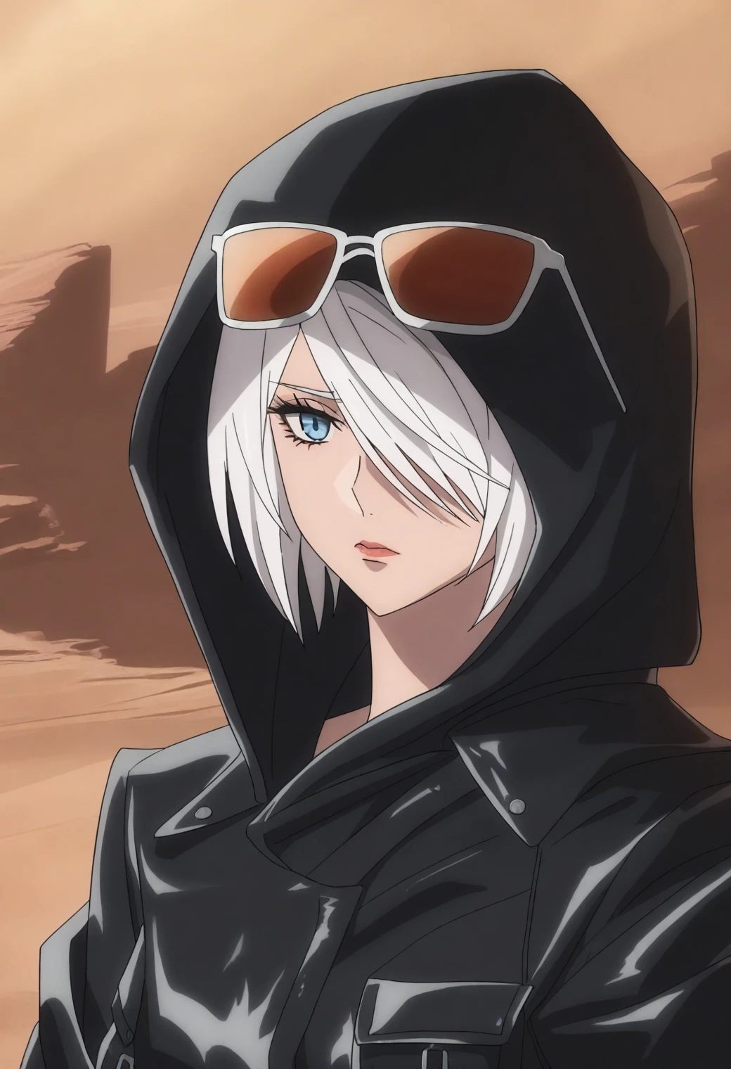 <lora:2B (YoRHa 2-gou B-gata) - [NieR - Automata Ver1.1a] - illustriousXL v1:1>, sysdeep_2b, style parody, white hair, blue eyes, solo, Desert highway, leather jacket, leaning on car hood, sunglasses on