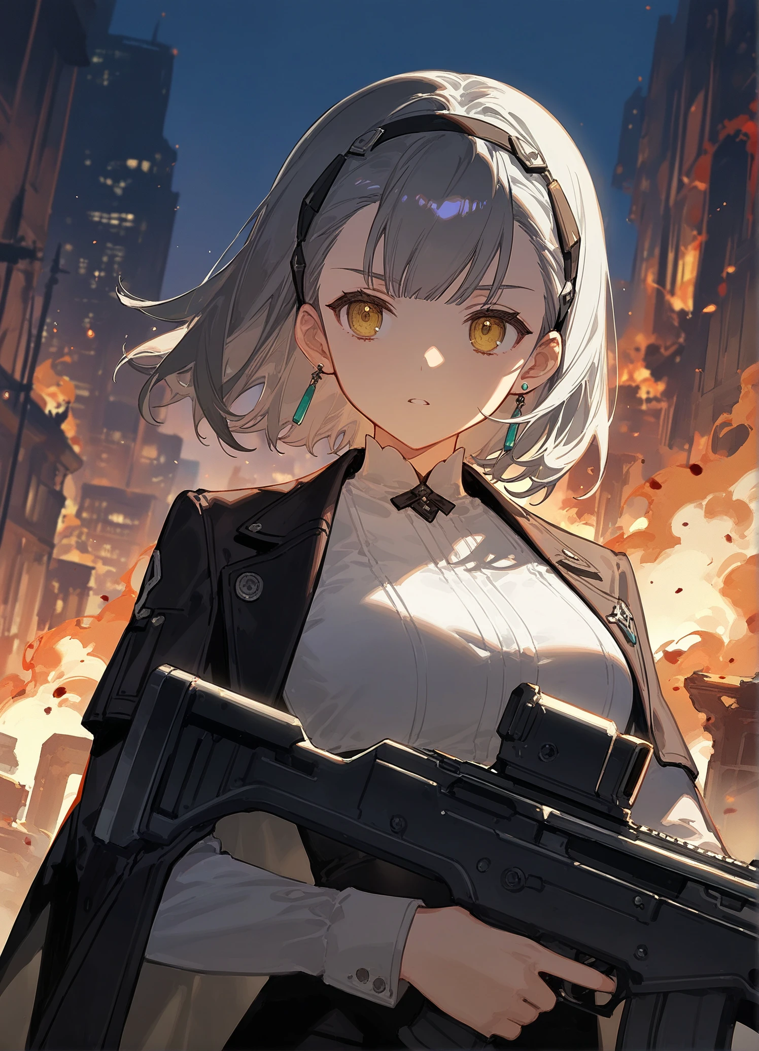 (ask \(askzy\):0.6),(ciloranko:0.6),(G Yuusuke:0.5),(H2SO4:0.5),
masterpiece,best quality,newest,very aesthetic,detailed background,outdoors,night,city,burning buildings,
1girl,mature_female,solo,adult,upper body,holding gun,Shooting,Blood,
<lora:Girls Frontline 2 Tololo_il:0.8>,pant suit,white shirt,
tll_def,yellow eyes,grey hair,short hair,hairband,earrings,