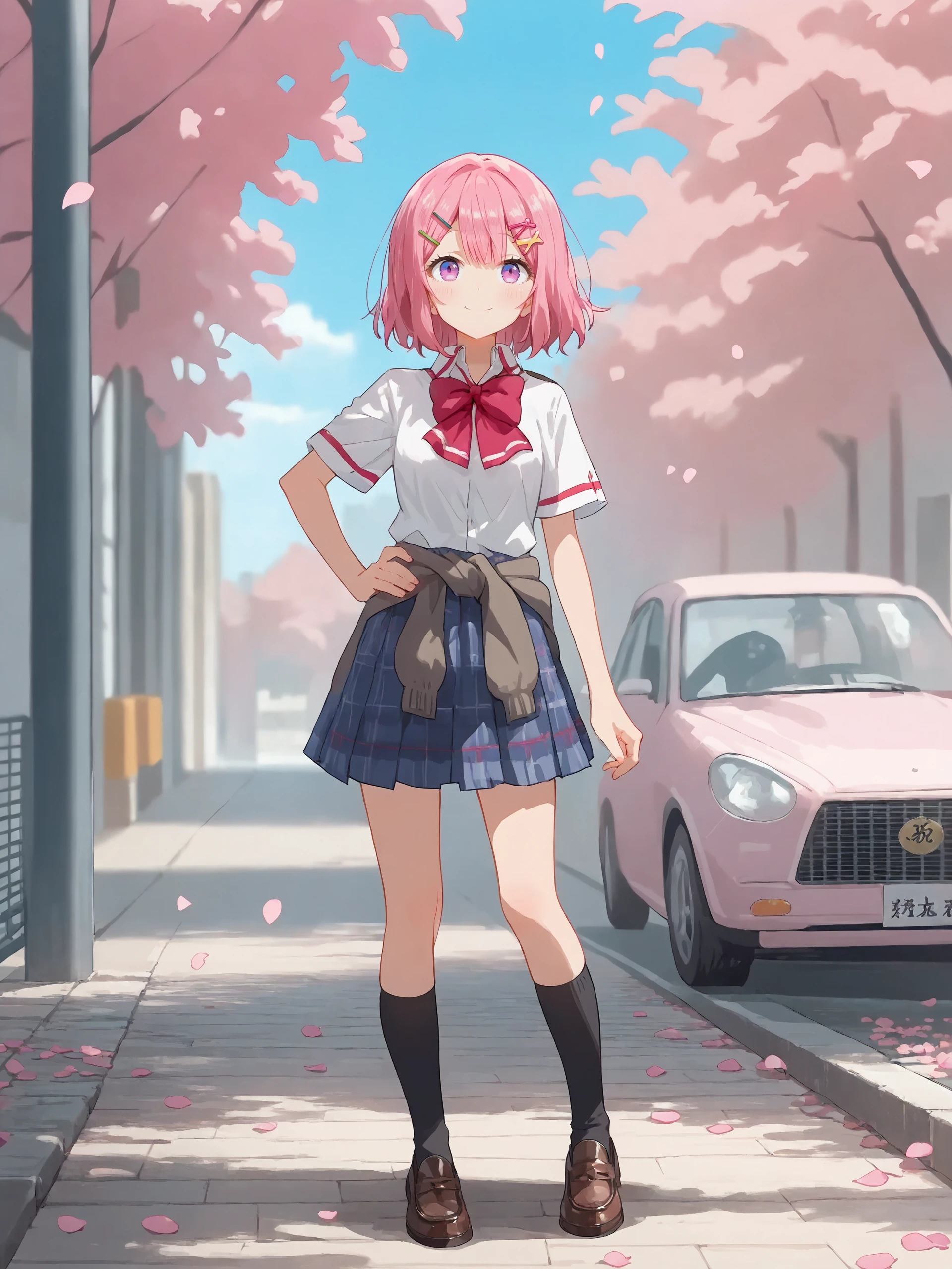 1girl, amaori renako, solo, purple eyes, hairclip, school uniform, pleated skirt, plaid skirt, white collared shirt, red bowtie, clothes around waist, loafers, black kneehighs, hand on hip, looking at viewer, light smile, standing, full body, outdoors, street, cherry blossoms, petals, depth of field  <lora:Char-Amaori_Renako-V1-pony:0.9>, score_9, score_8_up, score_7_up, source_anime, anipai_style, anime screencap, anime coloring,  <lora:style-Anipai:0.3> <lora:style-asou:0.7>