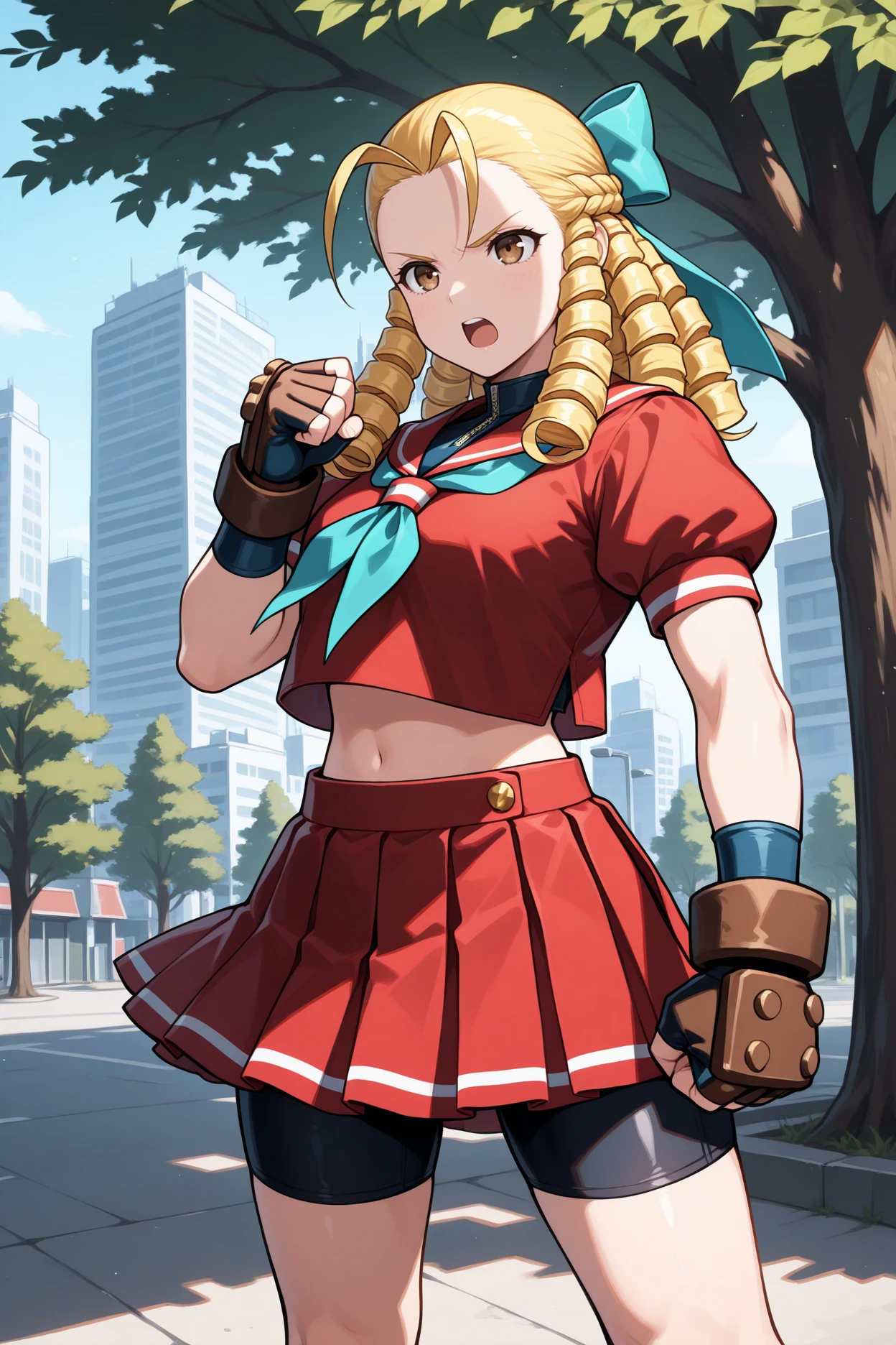 masterpiece, best quality, 1girl, solo, <lora:kanzukikarin-illu-nvwls-v1-000005:1> sfkrn, blonde hair, ringlets, hair pulled back, antenna hair, brown eyes, hair bow, aqua bow, red sailor collar, blue neckerchief, red shirt, puffy short sleeves, midriff, brown gloves, fingerless gloves, pleated skirt, red skirt, bike shorts under skirt, standing, feet apart, clenched hands, annoyed, open mouth, hand up, city, tree