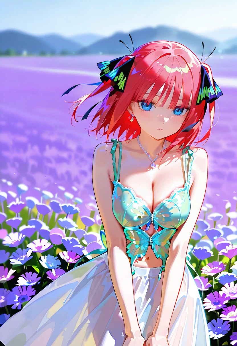 butterfly corset,cleavage, bra, jewelry, 1girl,solo,nakano nino,flower field,