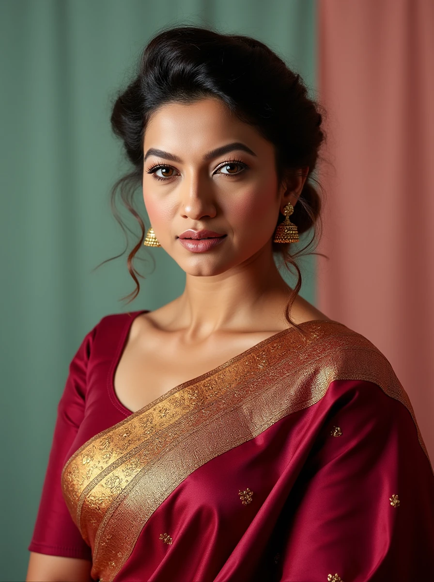 headshot photo of Gauhar Khan woman,hyper realistic candid photo  serious,studio quality, wearing intricate conservative long sleeved Maroon Kanjeevaram Silk Saree, curls, pastel shaded multicolored background, cinematic lighting<lora:TestBed\Gauhar_Khan_Flux_Kohya_LoRA_v1.safetensors:1.0:1.0>