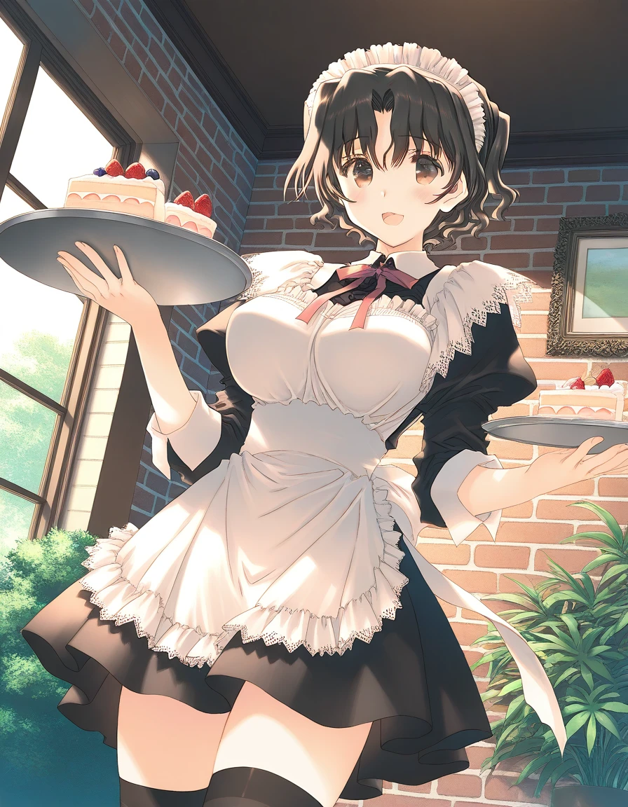 general,highres, ultra-detailed,very aesthetic,best quality ,best hands, BREAK <lora:Yuzuhara_Haruka_IS:1>Yuzuhara_Haruka, 1girl,solo, short hair, black hair, brown eyes, wavy hair, large breasts, mitsumi misato style,
apron, cake, food, tray, open mouth, smile, holding, maid headdress, dutch angle, maid, bangs, blush, brick wall, waitress, :d, looking at viewer, frills, fruit, ribbon, strawberry, sleeves rolled up, parted bangs, cake slice, bow, happy, indoors, dress, cowboy shot, holding tray, ceiling, standing, plant, plate, frilled apron, bush, window, :3, hair between eyes, brown hair, maid apron, black dress, long sleeves, neck ribbon, white apron, outdoors, pastry, picture frame, from below, bowtie, fingernails, taut clothes, thighhighs, short dress