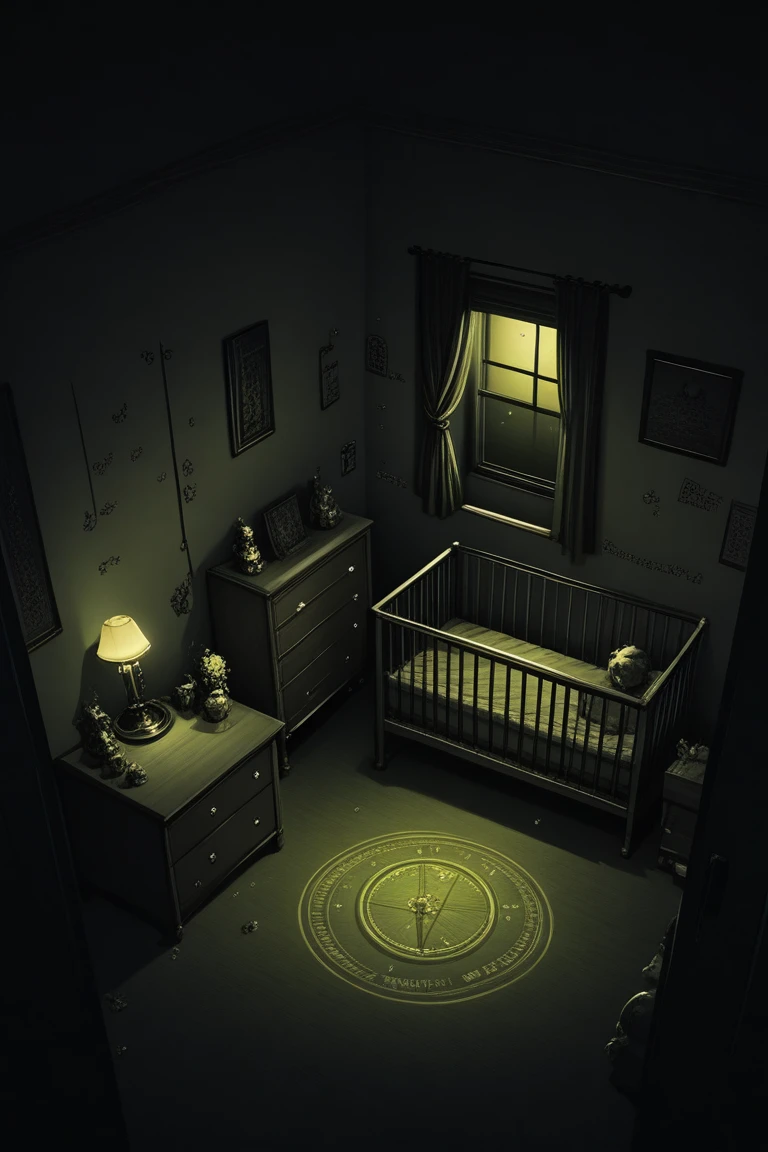 score_9, score_8_up, score_7_up, source_anime, rating_safe, realistic shading, dim lighting, dark environment, night, horror (theme), yellow theme, magic circle, fantasy, nursery room focus, danr, 1stclutter, crib, negative space, dutch angle, dynamic angle, intricately detailed illustration, depth of field, atmospheric perspective, masterpiece, best quality, amazing quality, very aesthetic, absurdres, newest