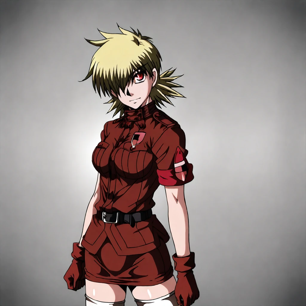 <lora:serahellsing_pony_v1:.8>SeraRedHands, 1girl, blonde hair, thighhighs, red eyes, gloves, short hair, skirt, zettai ryouiki, military uniform, miniskirt, hair over one eye, belt, cowboy shot