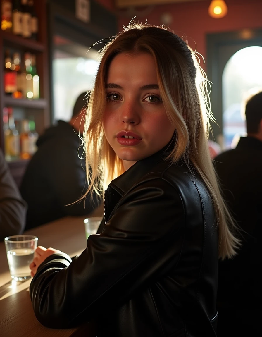 A realistic close-up of 3L41R1D4 at a bar, with natural light streaming through a nearby window, illuminating her face and hair. She is wearing a black leather jacket, and her hair gently frames her face, catching the soft light. The depth of field isolates her from the slightly blurred background, where colorful bottles and patrons enjoying themselves add a lively, atmospheric touch to the scene.