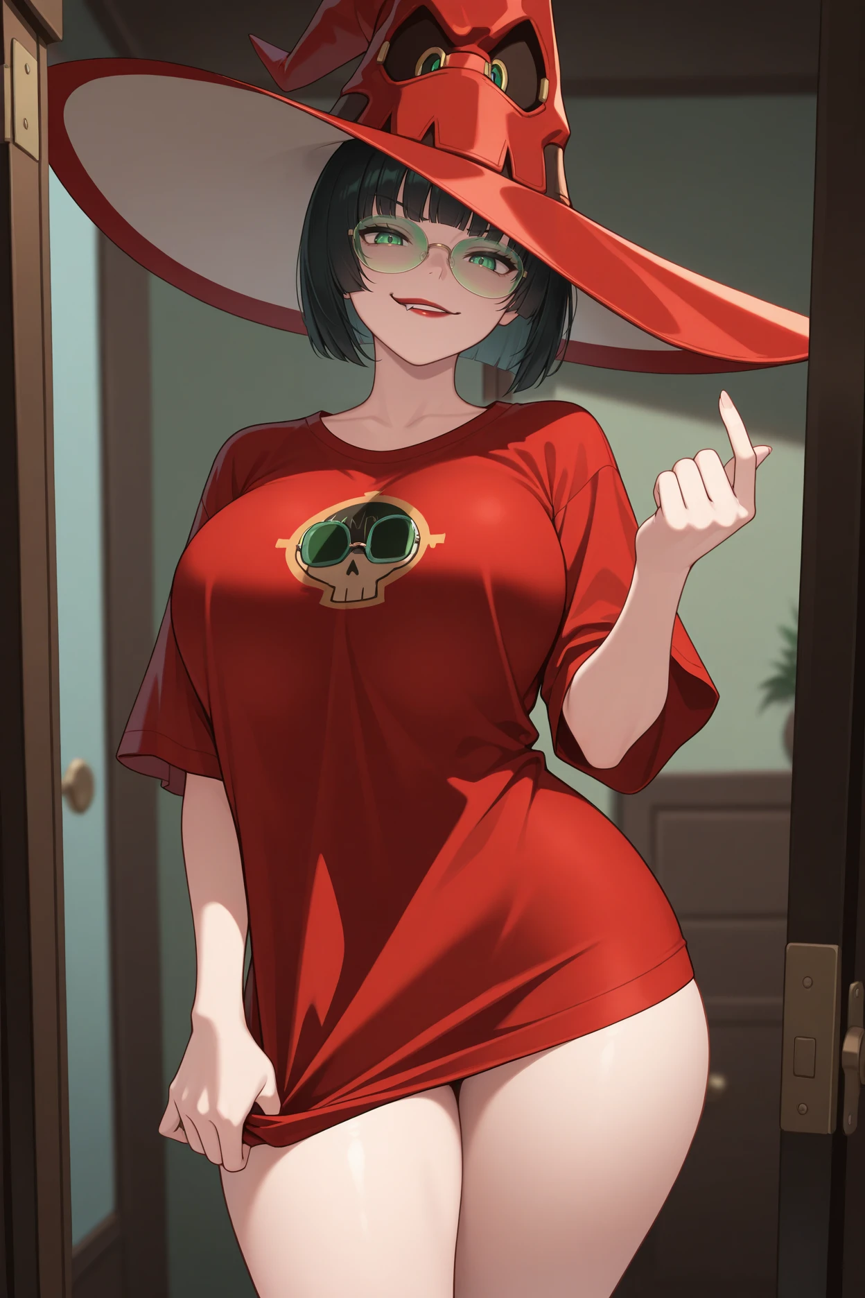 masterpiece, best quality, 1girl, solo, <lora:ggino-illu-nvwls-v1-000006:1> striveIno, black hair, medium hair, bob cut, green eyes, lipstick, green-tinted eyewear, red hat, witch hat, big breasts, red t-shirt, long shirt, no pants, pulling down shirt, looking at viewer, smug, smirk, lip bite, thighs, doorway, beckoning, hand up, finger