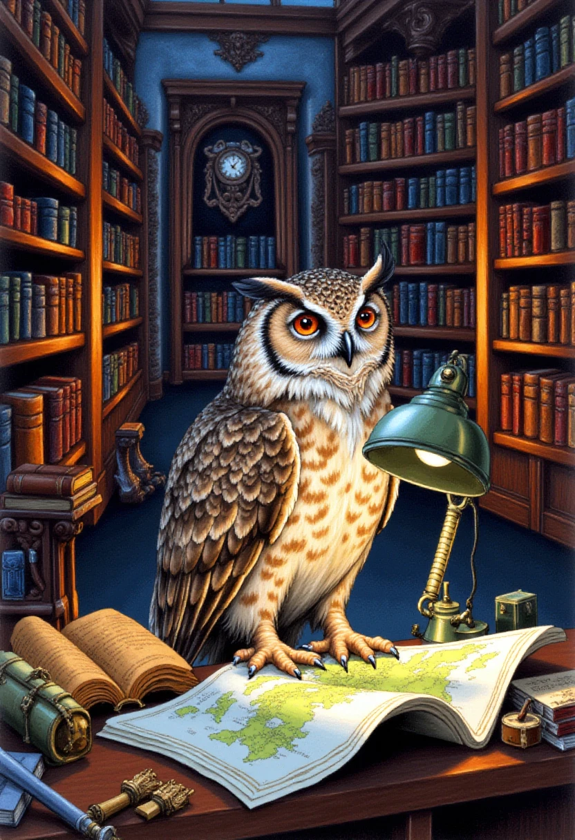 <lora:Sierra_Adventure_Games_VGA_Style_FLUX-Caption:0.9>
The image is a highly detailed, dramatic, and vividly colored drawing depicting  An owl studying a map under a lamp in a library filled with towering bookshelves.