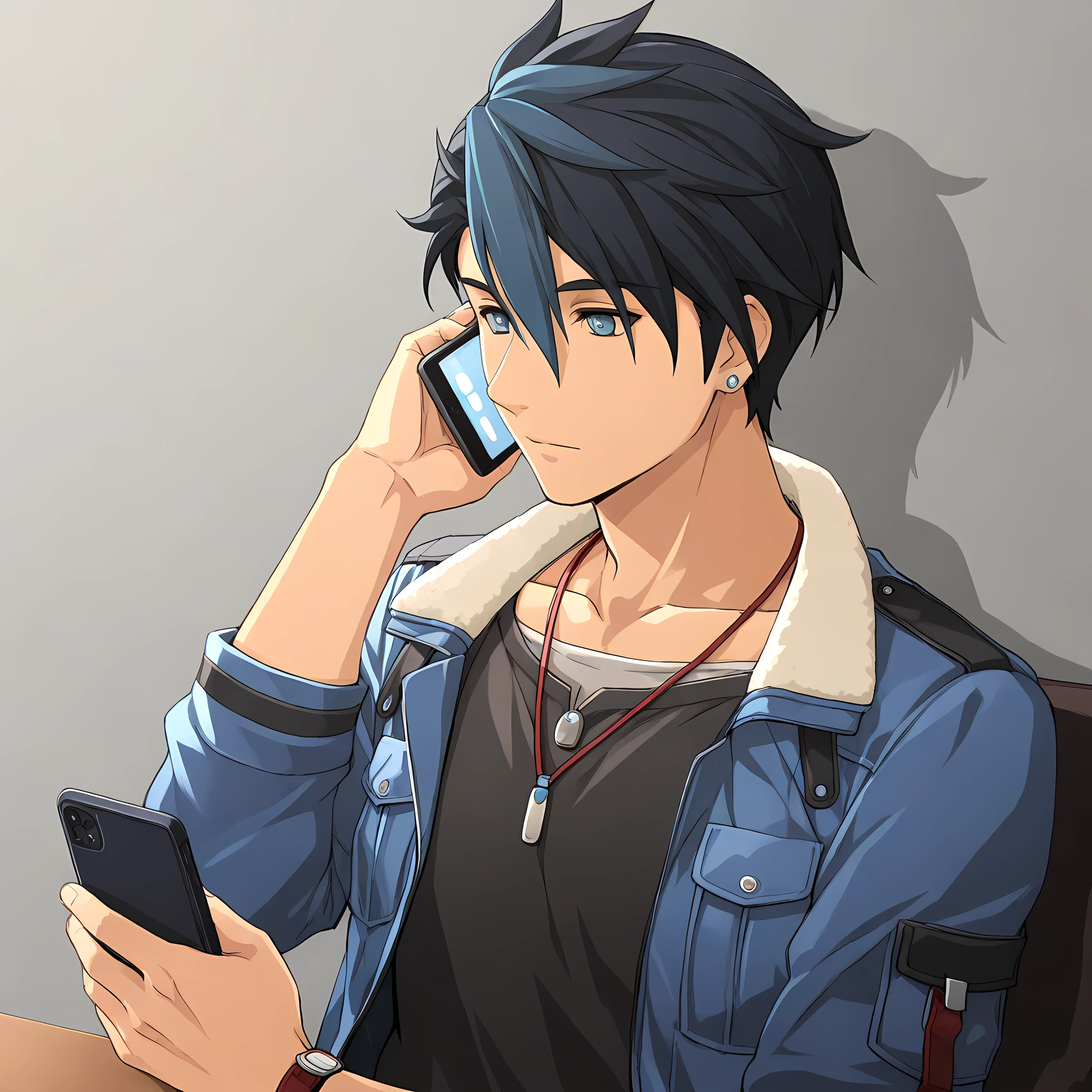 van arkride, 1boy, male focus, jacket, solo, black hair, jewelry, phone, cellphone, earrings, necklace, looking at phone,  <lora:VanArkrideIllustXL:1>, (masterpiece),(best quality),(ultra-detailed),(best illustration),(best shadow),(absurdres),(detailed background),(very aesthetic),