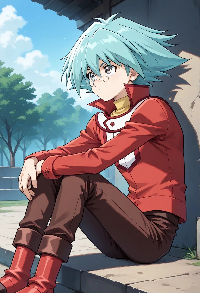 masterpiece, best quality, 
ShoMarufuji, 1boy, male focus, solo, grey eyes, glasses, round eyewear, pince-nez, aqua hair, spiked hair, hair between eyes, duel academy uniform (yu-gi-oh! gx), shirt, yellow shirt, turtleneck, jacket, red jacket, long sleeves, pants, brown pants, boots, red footwear,
outdoor,