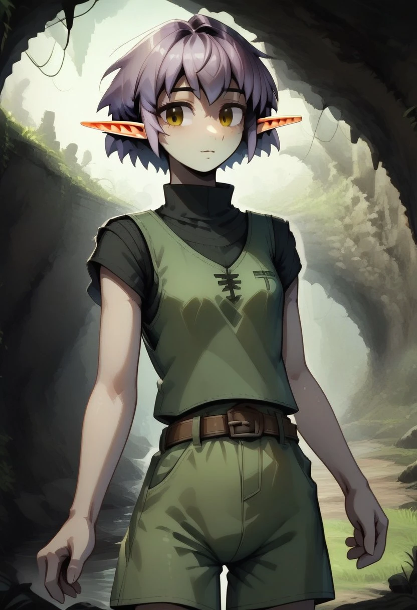 Parnea, 1 person, solo, pointy ears, short hair, hazel eyes, lilac hair, green vest, black undershirt, turtleneck collar, green shorts, brown belt, brown boots,,
organic cavern background,
Medieval style, Dutch angle,
Smooth colors, clean lines, high quality, best quality, masterpiece, score: 9, score: 8 up, rating: safe, source: semi-realistic,