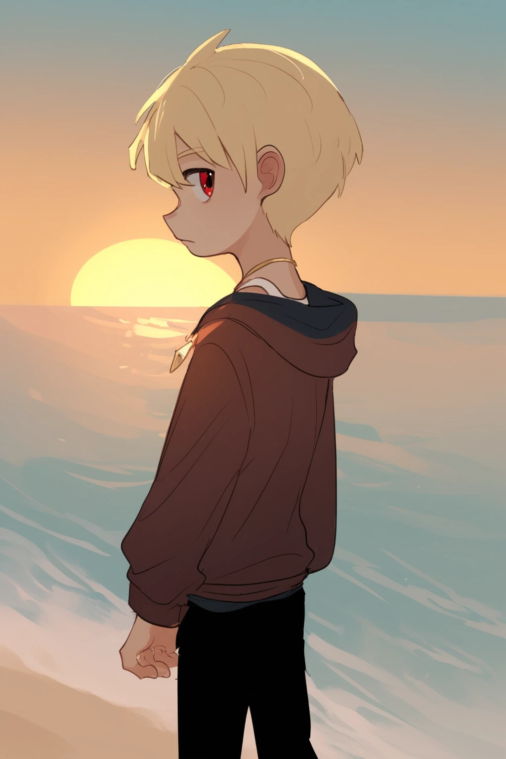 score_9, score_8_up, score_7_up, suikaelsiStyle,   1boy, child, looking to the side, back view, beach, black pants, blonde hair, brown jacket, closed mouth,  jacket, jewelry, long sleeves, male focus, necklace, ocean, pants, red eyes,  red hoodie,  shirt, short hair, solo, sunset, white shirt